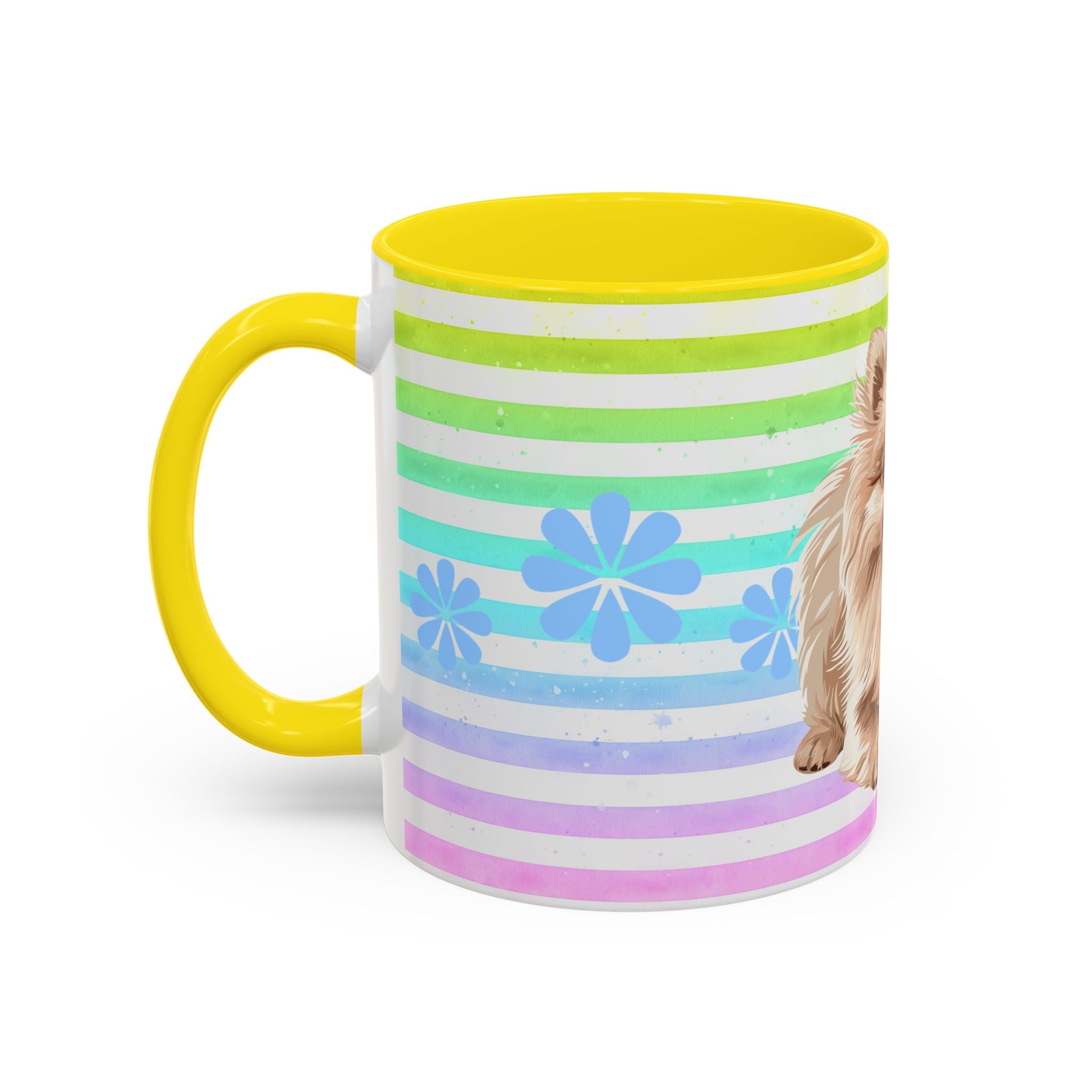 Pomeranian Dog Coffee Mug — Cute Fluffy Pup on Rainbow Stripes (Accent Mug 11/15oz)