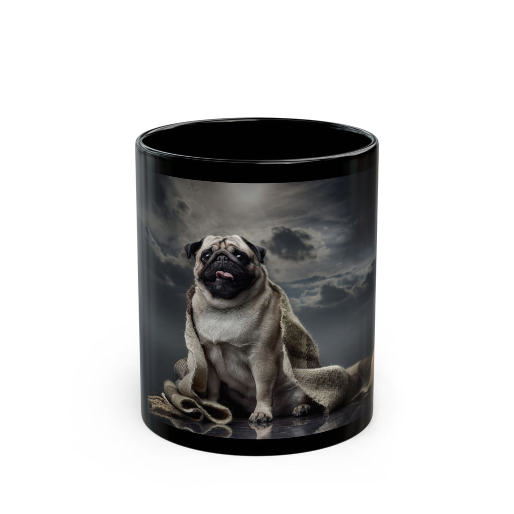 Pug Portrait Black Mug (11oz/15oz) — Regal Pug with Ornamental Accent