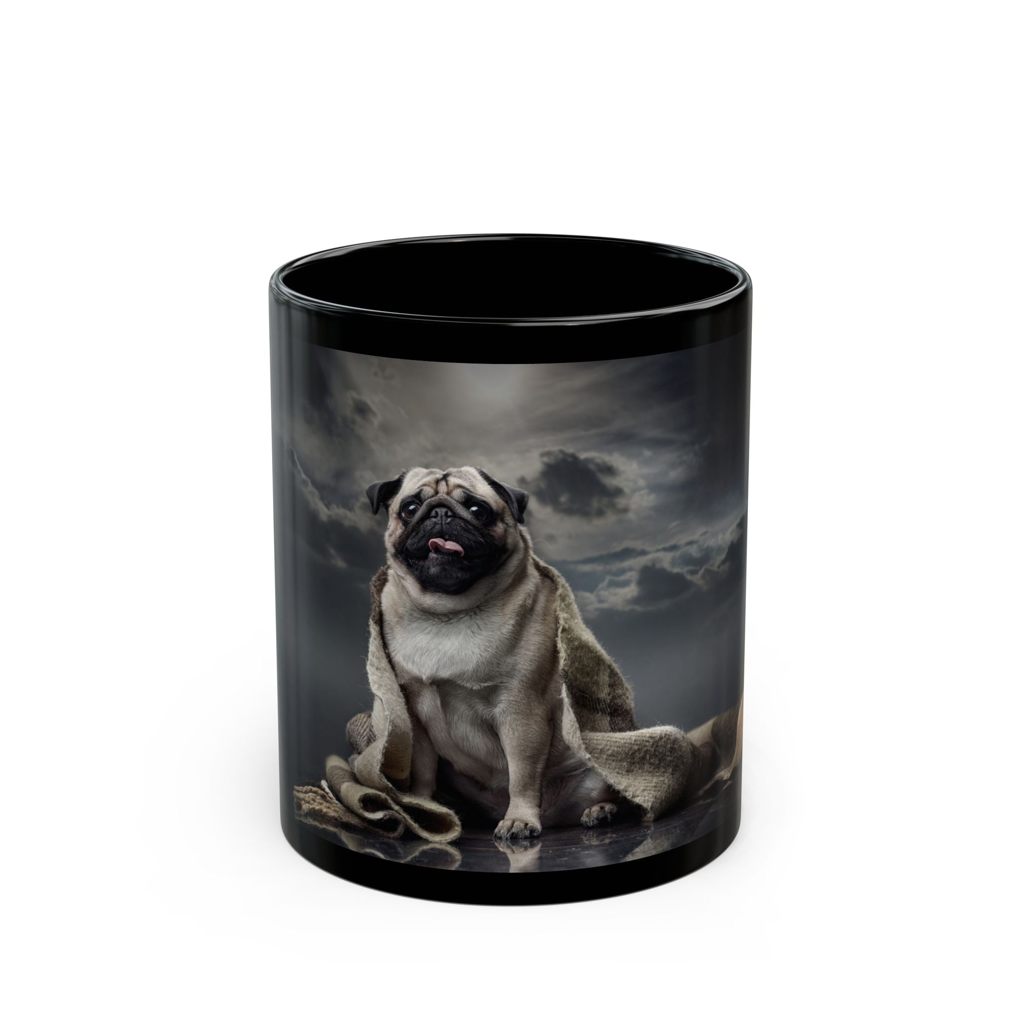 Pug Portrait Black Mug (11oz/15oz) — Regal Pug with Ornamental Accent