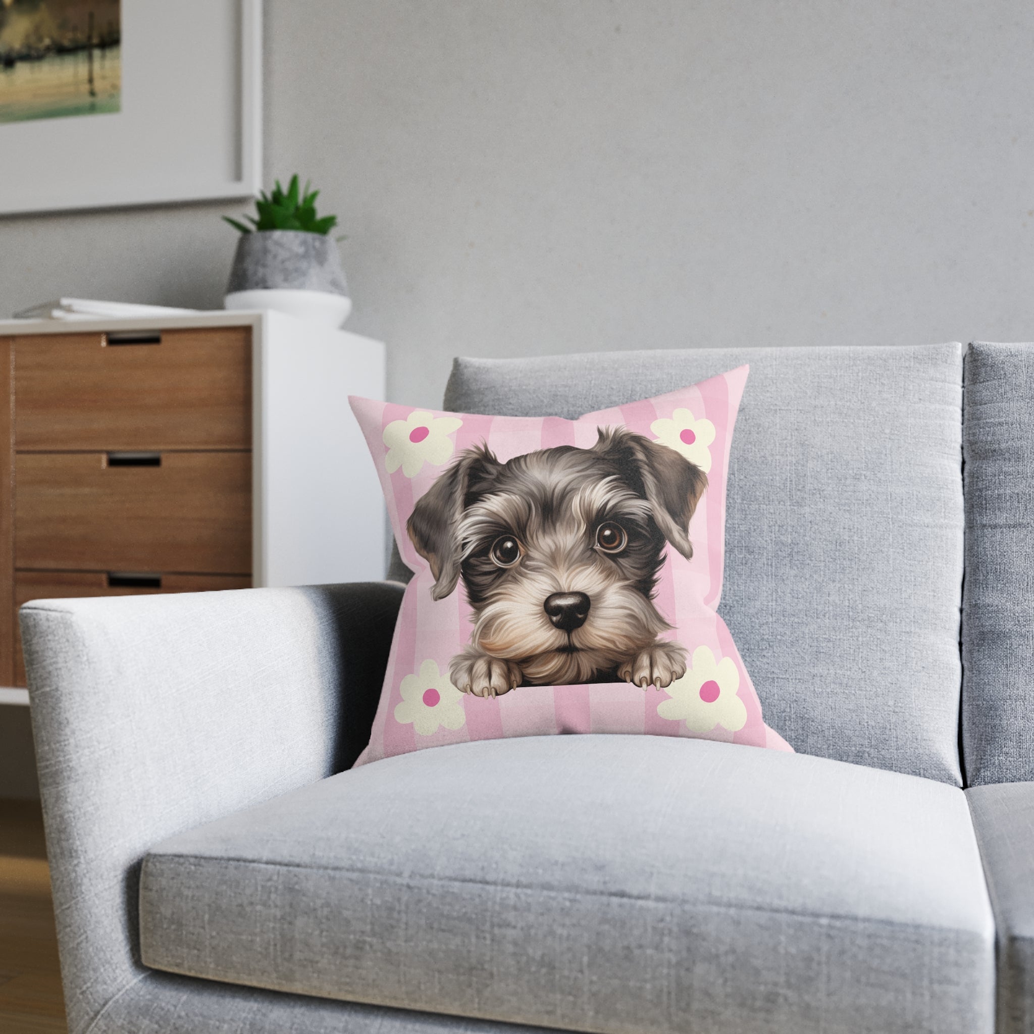 Schnauzer Throw Pillow — Pink Floral Faux Suede | Dog Lover Home Decor