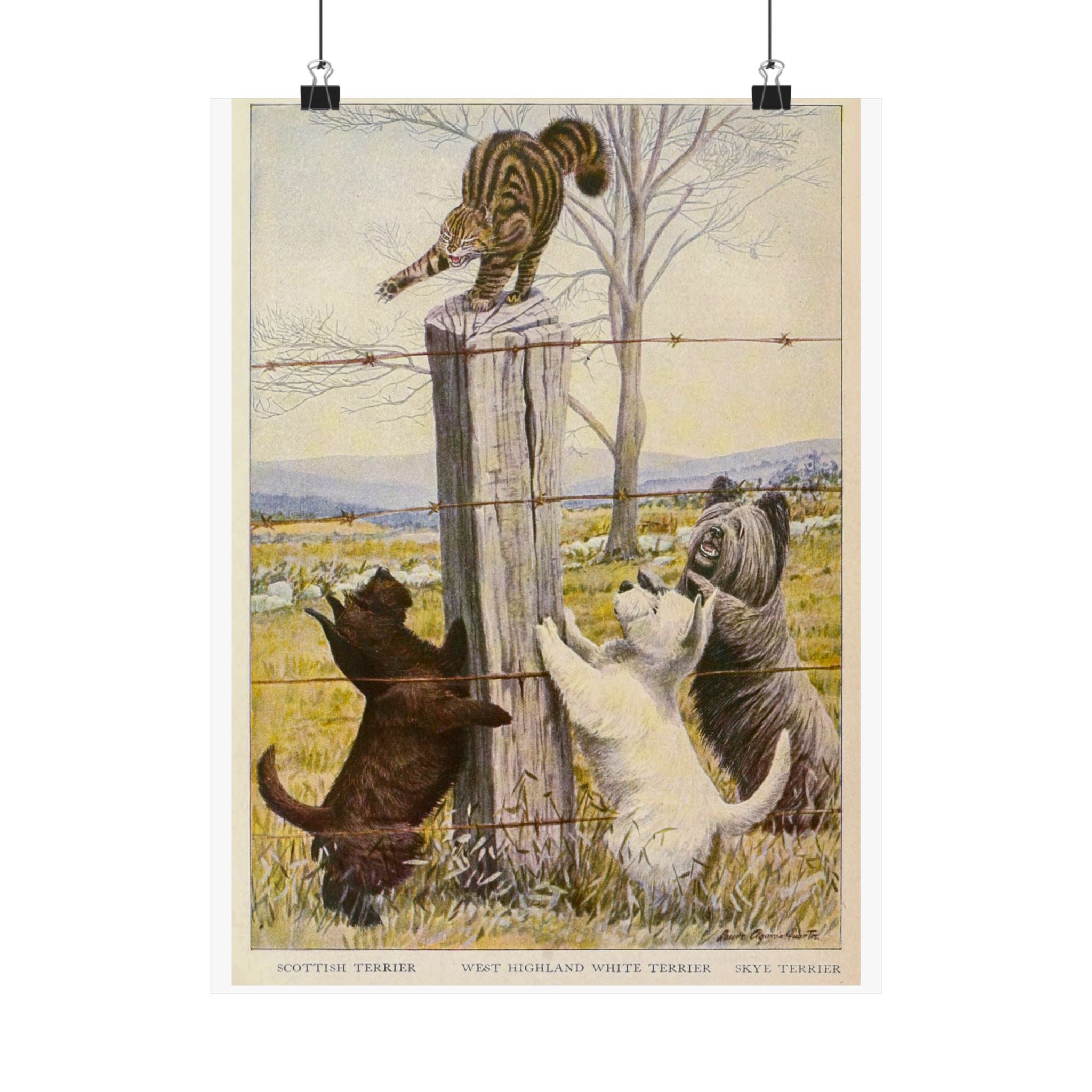 Vintage Terriers and Cat Poster — Matte Vertical Wall Art