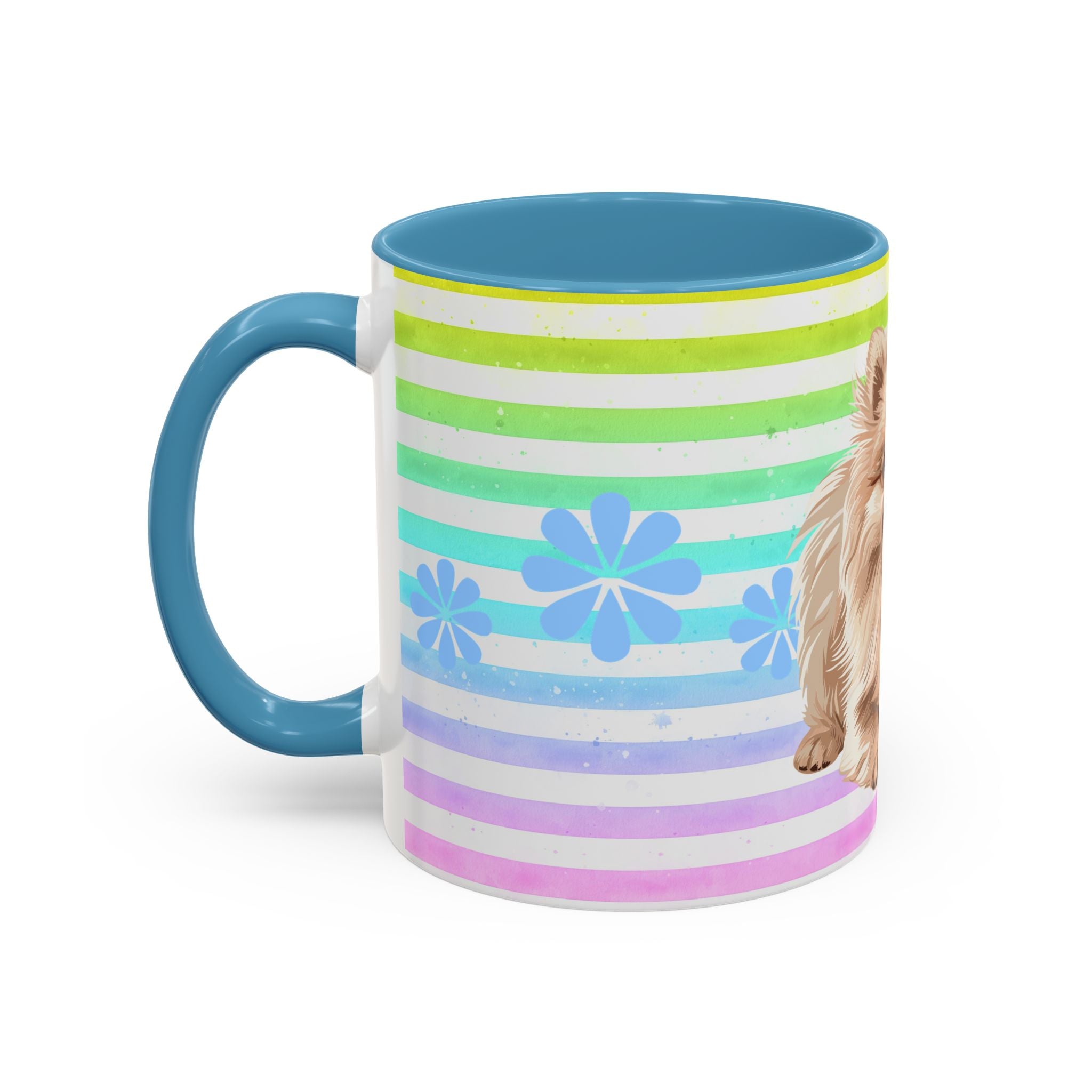 Pomeranian Dog Coffee Mug — Cute Fluffy Pup on Rainbow Stripes (Accent Mug 11/15oz)