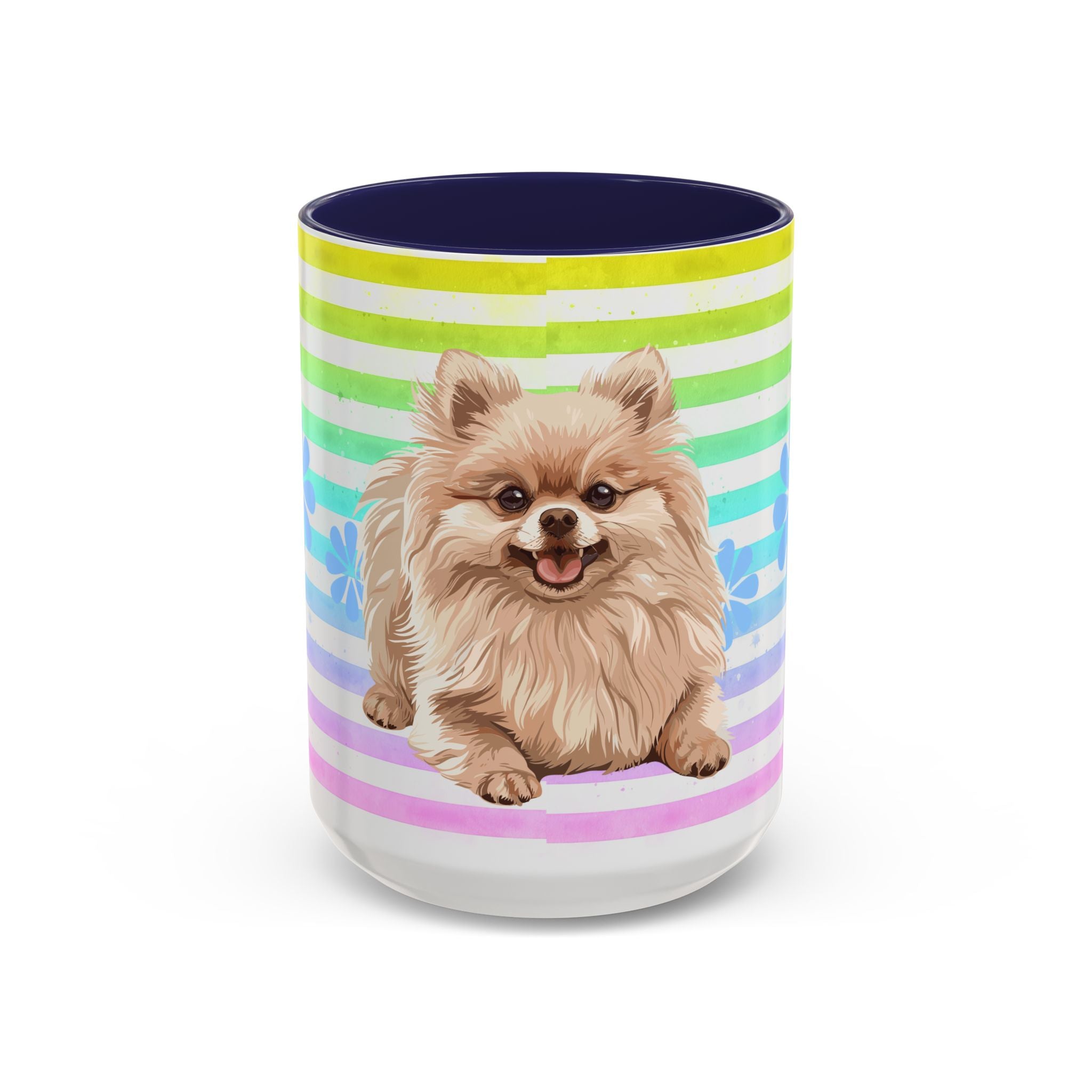 Pomeranian Dog Coffee Mug — Cute Fluffy Pup on Rainbow Stripes (Accent Mug 11/15oz)