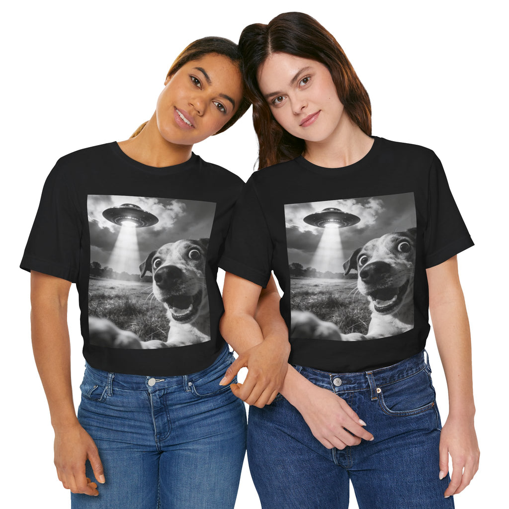 UFO Dog Photo Tee — "Check the Front… SERIOUSLY!" Graphic T-Shirt