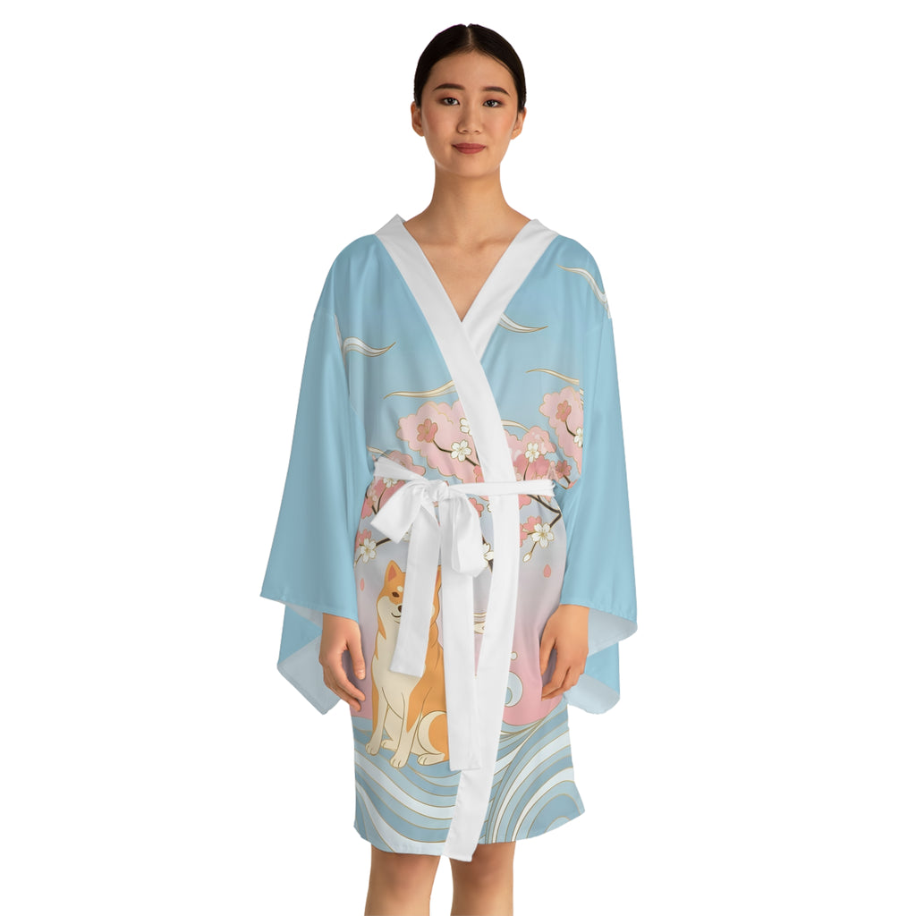 Shiba Inu Sakura Kimono Robe — Floral Cherry Blossom Long Sleeve Wrap
