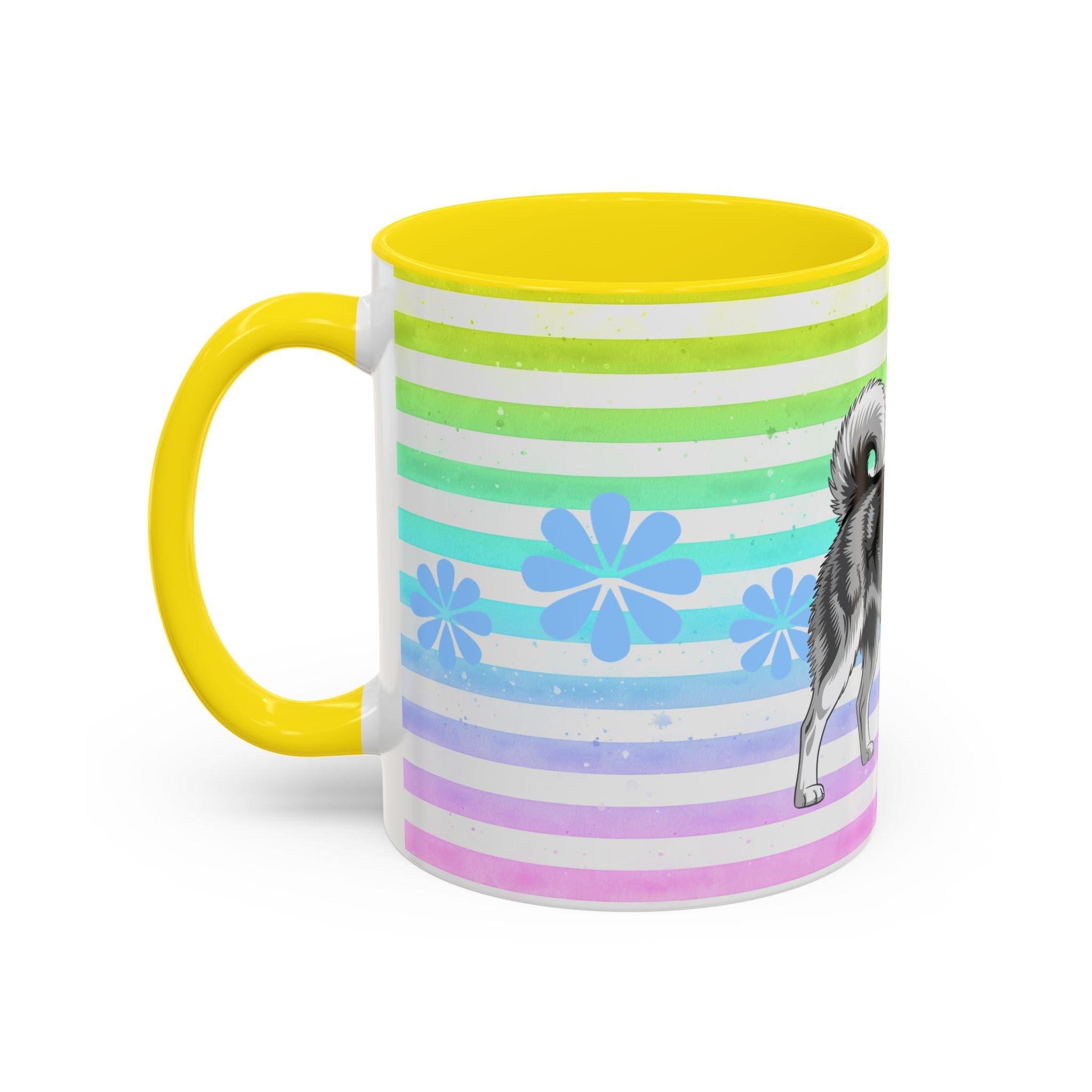 Siberian Husky Coffee Mug — Cute Black & Husky Pup on Rainbow Stripes (Accent Mug 11/15oz)