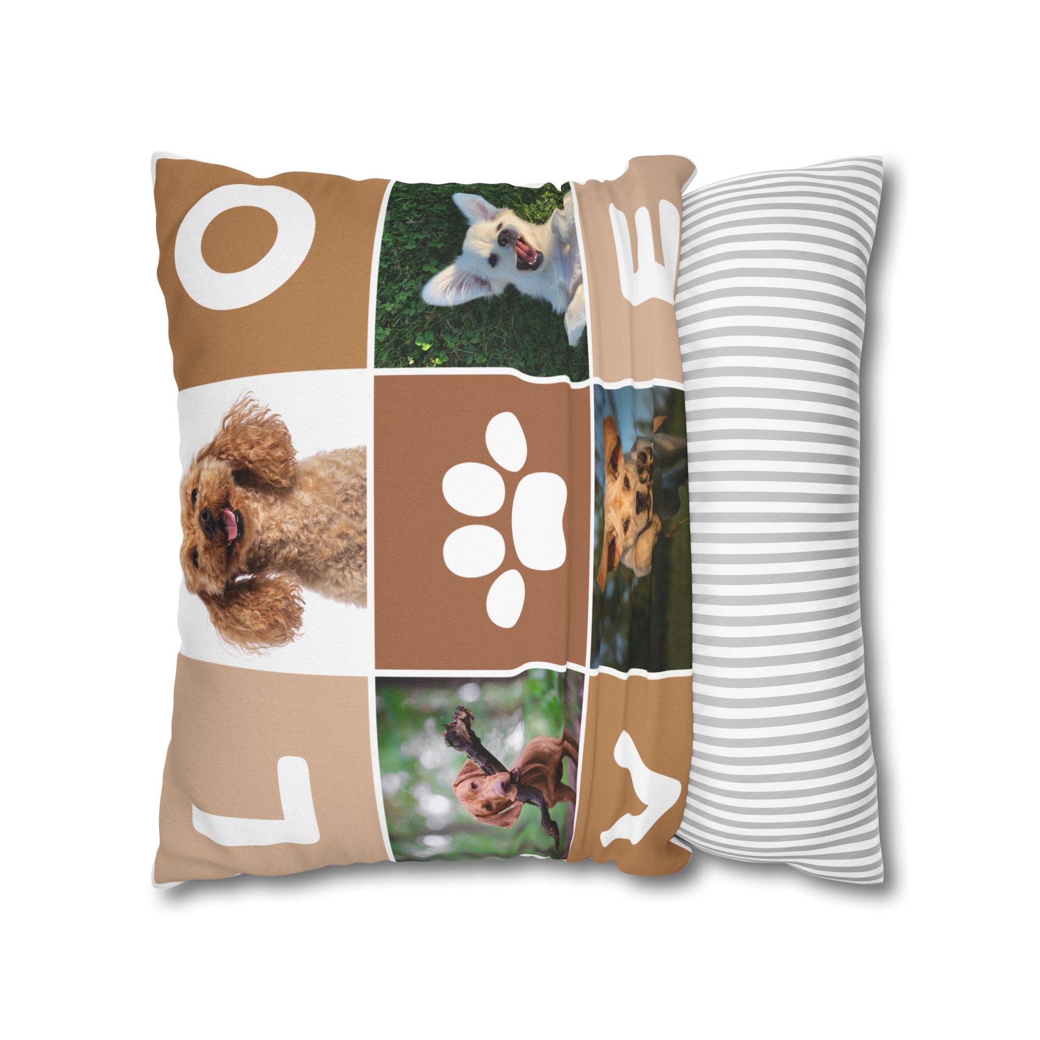 Dog Photo Collage Square Pillow — "LOVE" Paw Print Decorative Pillowcase