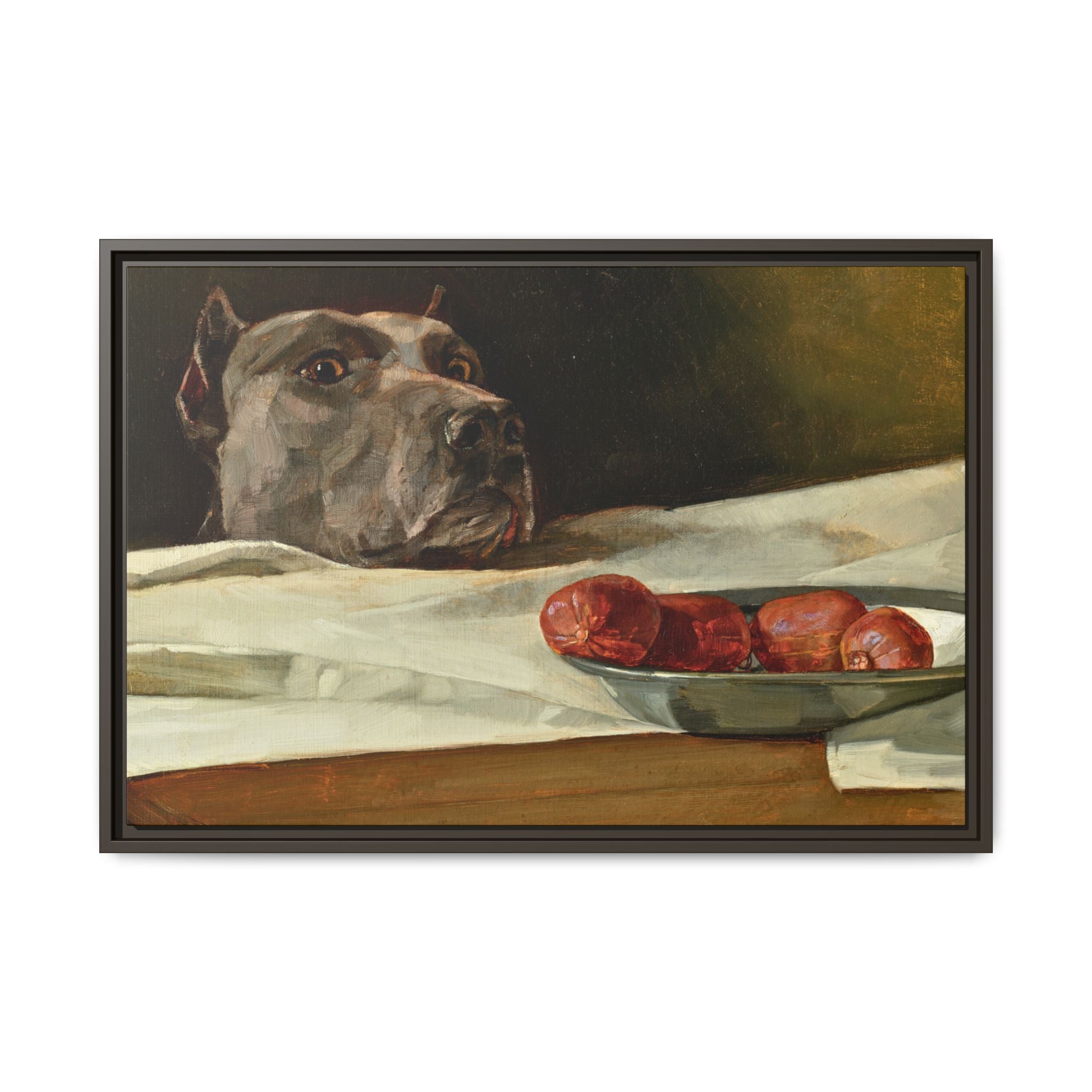 Framed Matte Canvas Print — Great Dane Dog & The Sausage Still Life Wall Art