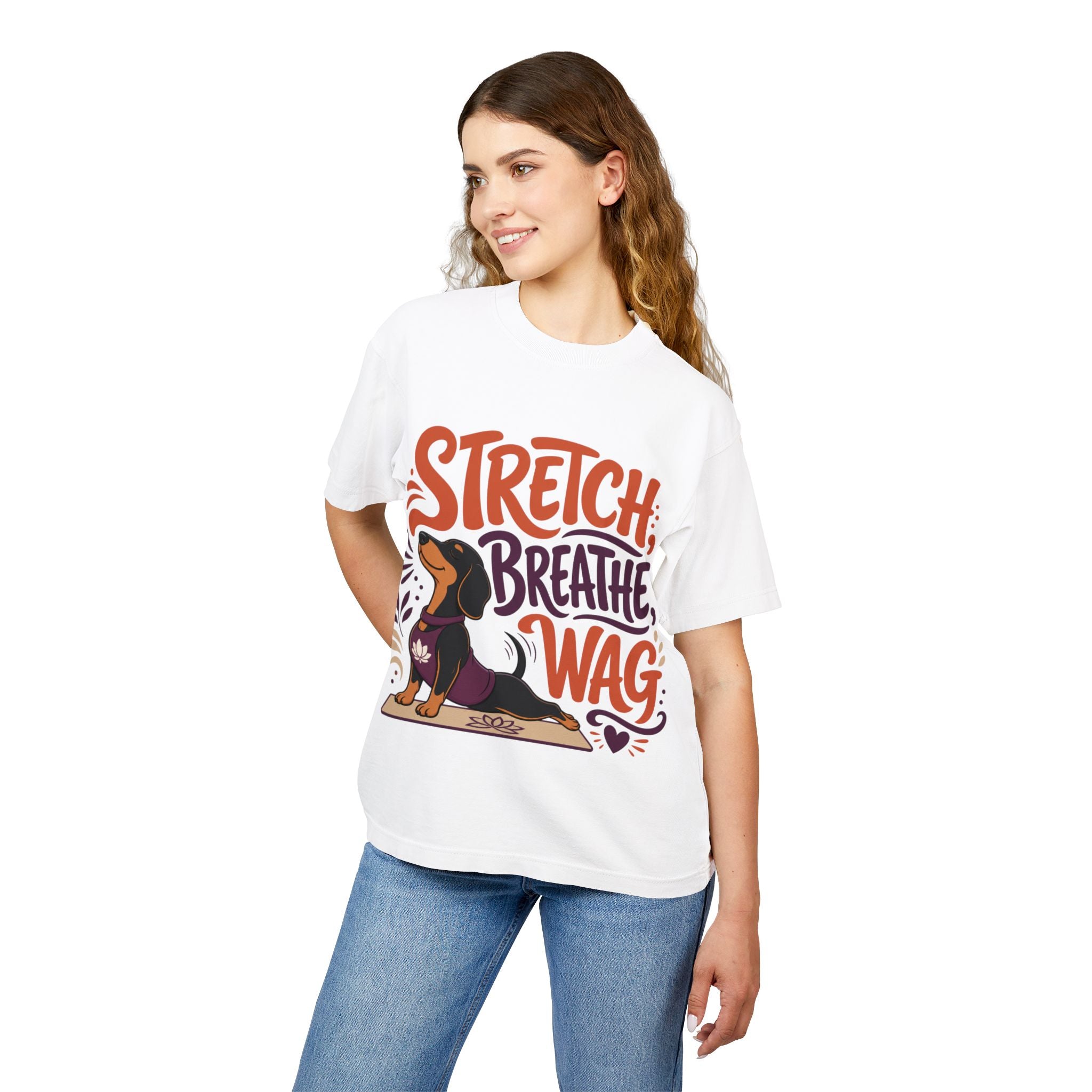 Stretch. Breathe. Wag. — Dachshund Yoga T‑Shirt for Dog Lovers
