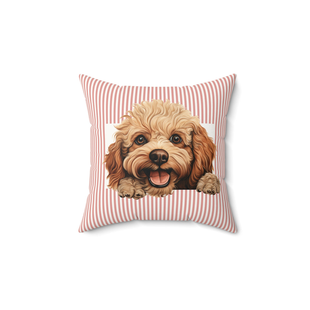 Toy Poodle Throw Pillow — Peeking Puppy Pink Striped Faux Suede | Dog Lover Gift