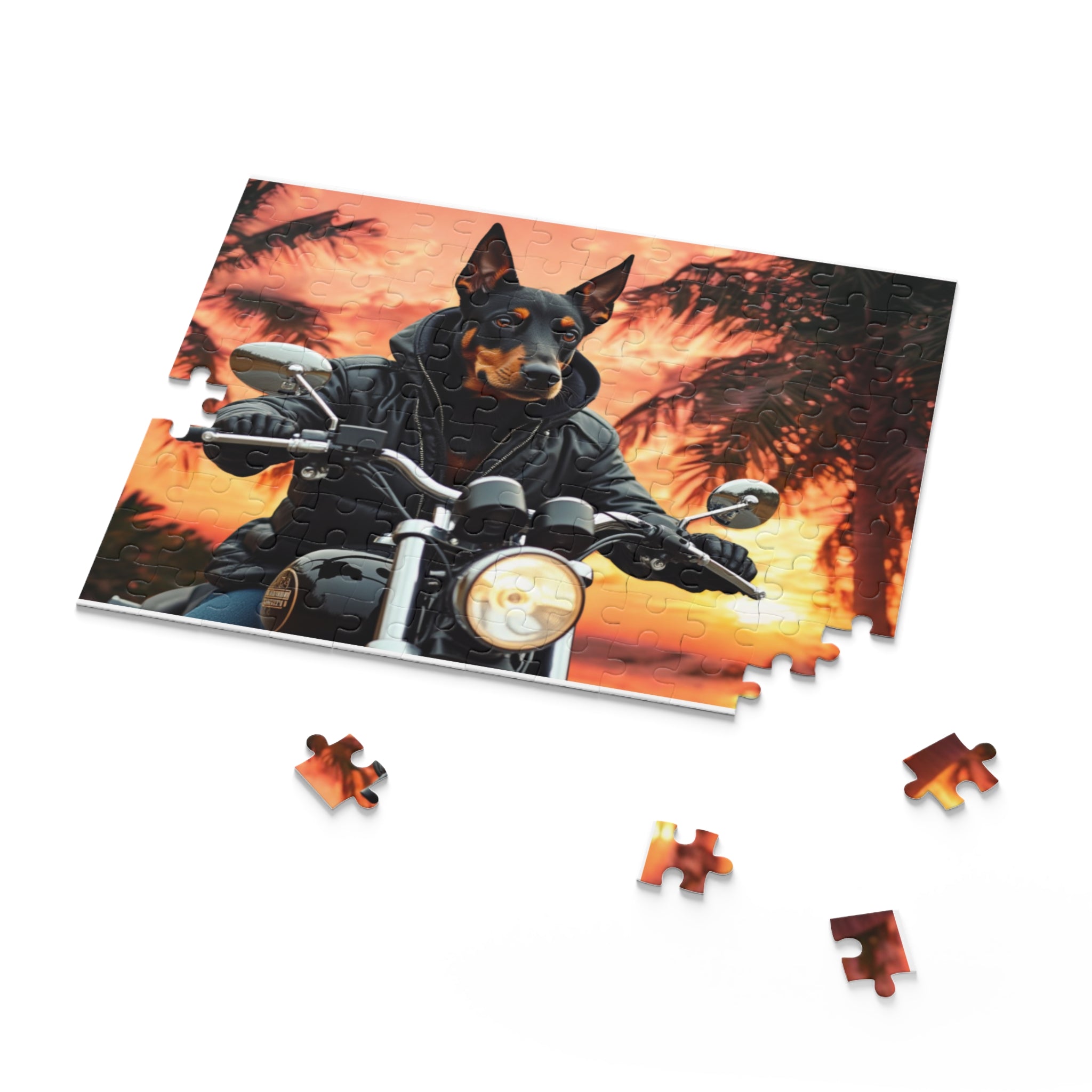 Dobermann Biker Jigsaw Puzzle — Sunset Motorcycle Scene | Dog Lover Gift