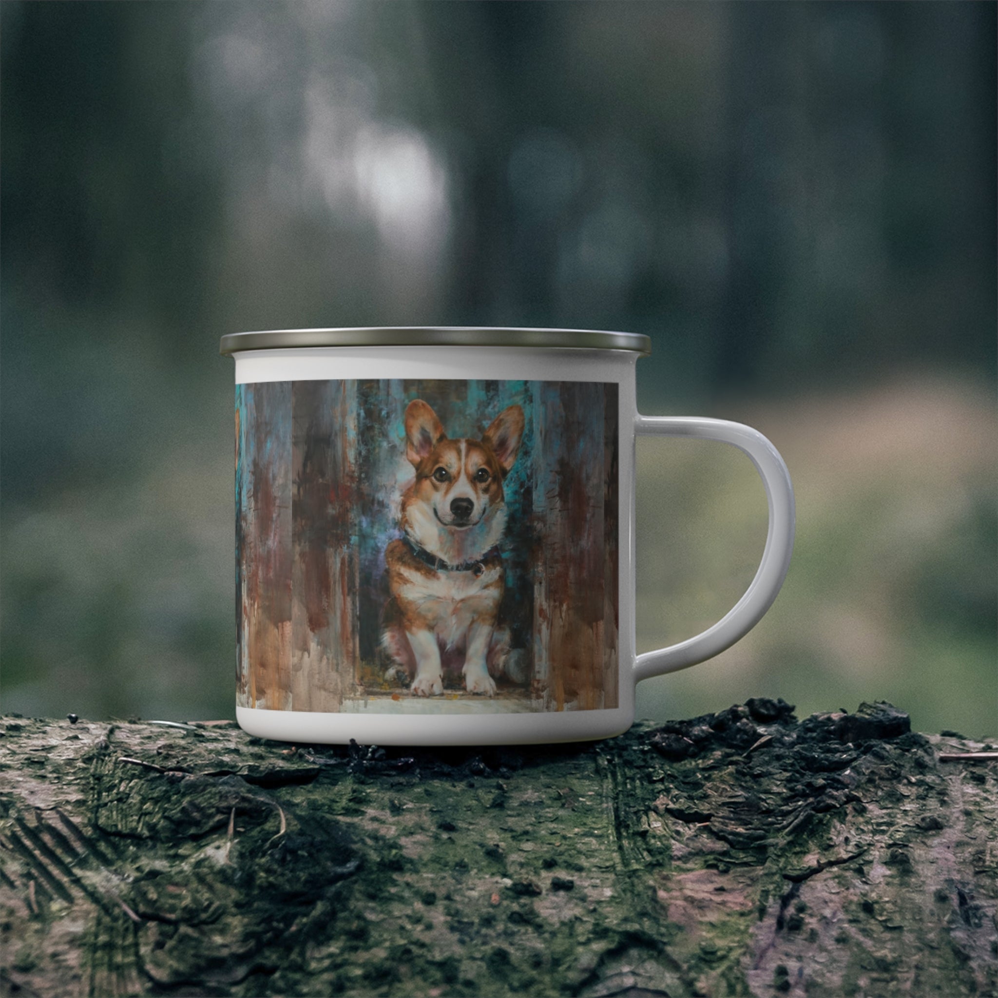 Enamel Camping Mug — Watercolor Corgi Dog Campfire Mug
