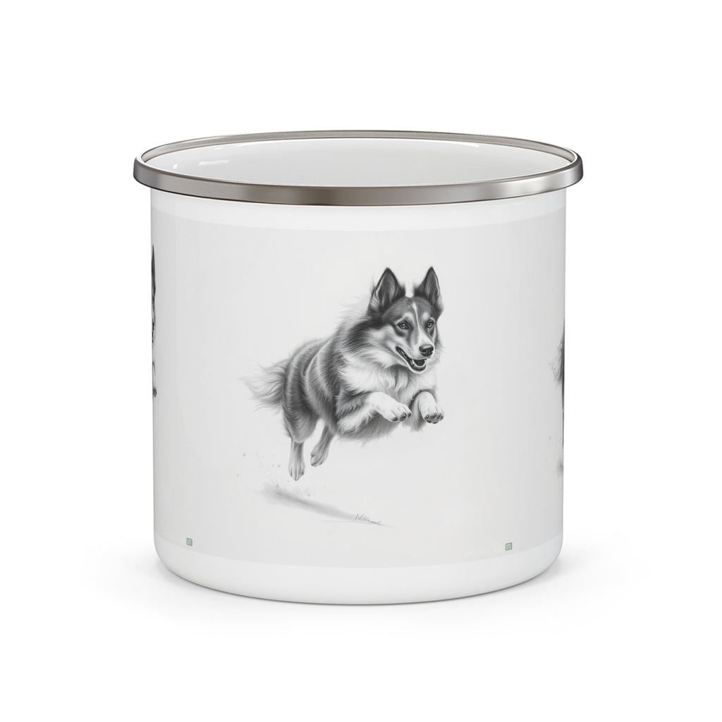 Enamel Mug — Leaping Husky Camping Cup, Vintage Black & White Dog Illustration