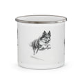 Enamel Mug — Leaping Husky Camping Cup, Vintage Black & White Dog Illustration