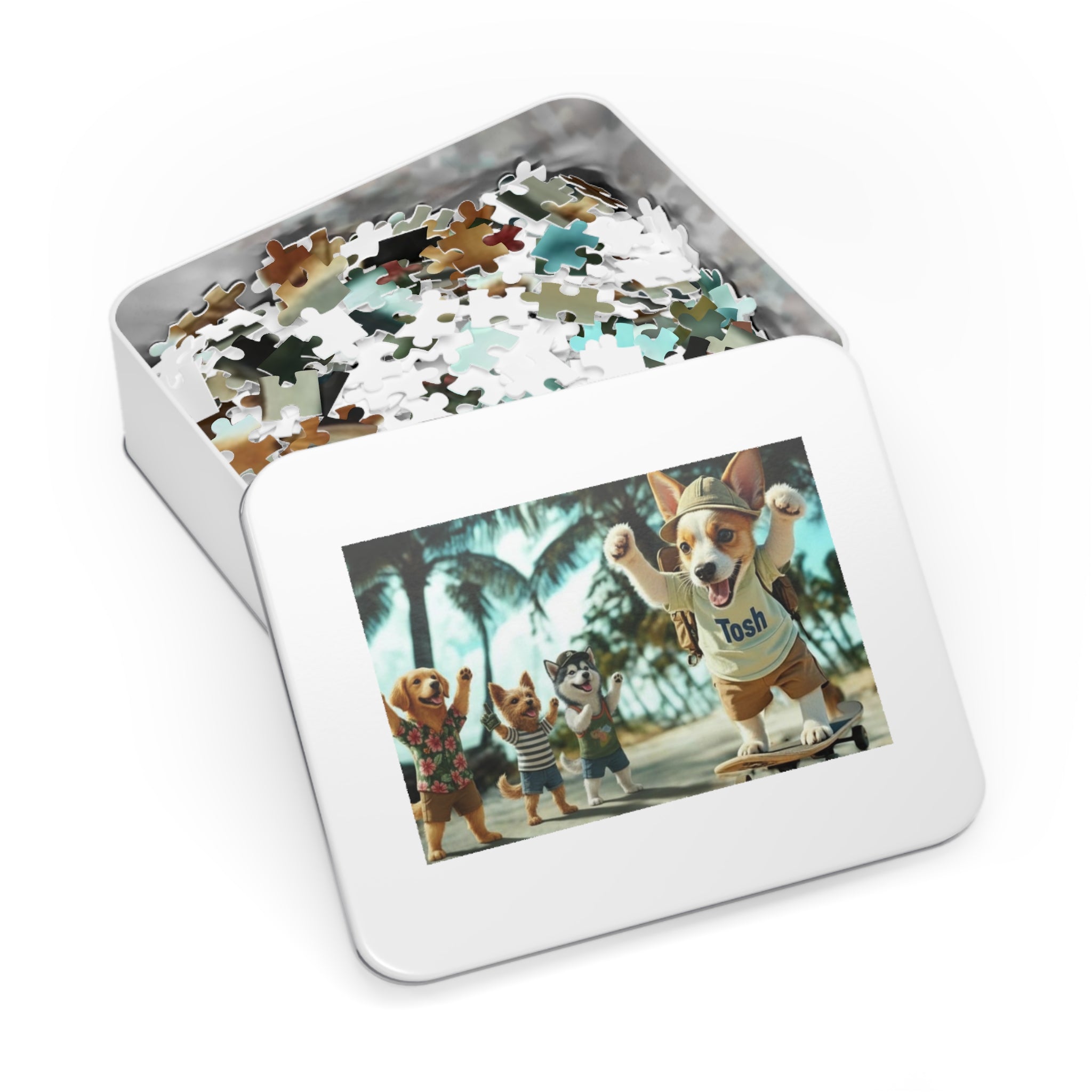 Beach Dogs Jigsaw Puzzle with Tin — Jack Russell Terrier Skateboard | Dog Lover Gift