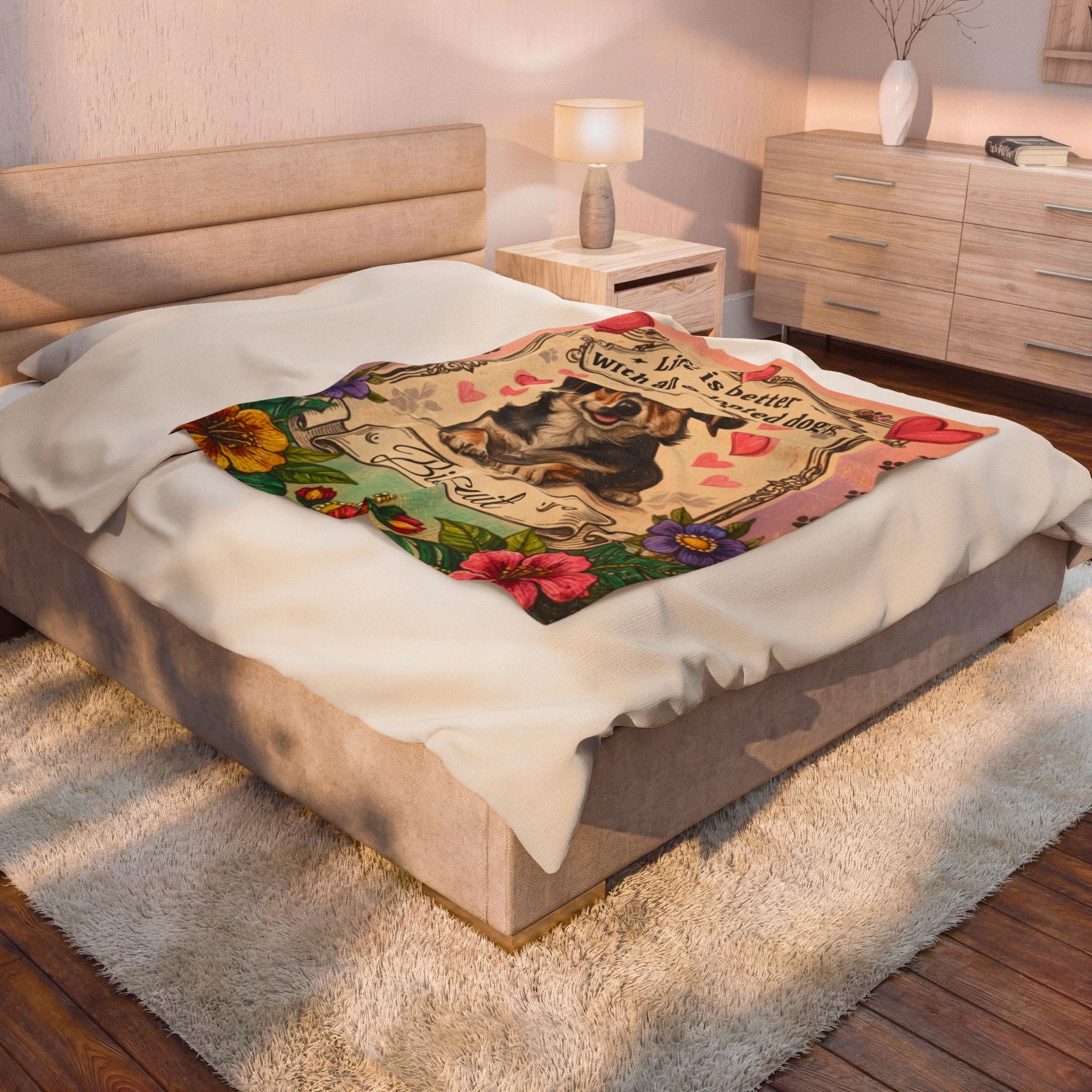 Personalized Dog Portrait Blanket — Hearts & Flowers Adopted Dog | Custom Name & Photo