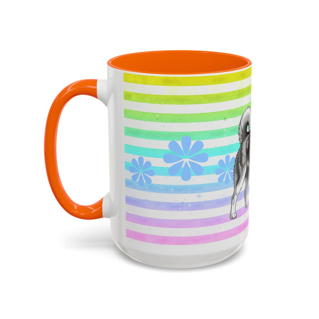 Siberian Husky Coffee Mug — Cute Black & Husky Pup on Rainbow Stripes (Accent Mug 11/15oz)