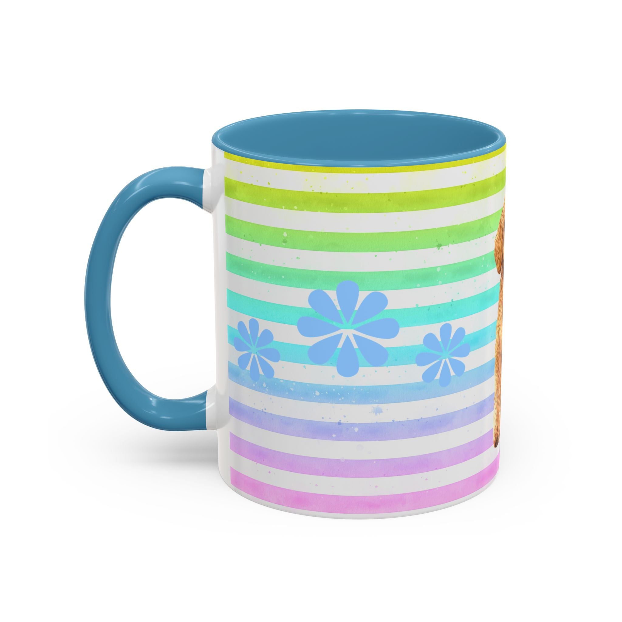 Apricot Poodle Coffee Mug — Cute Fluffy Pup on Rainbow Stripes (Accent Mug 11/15oz)