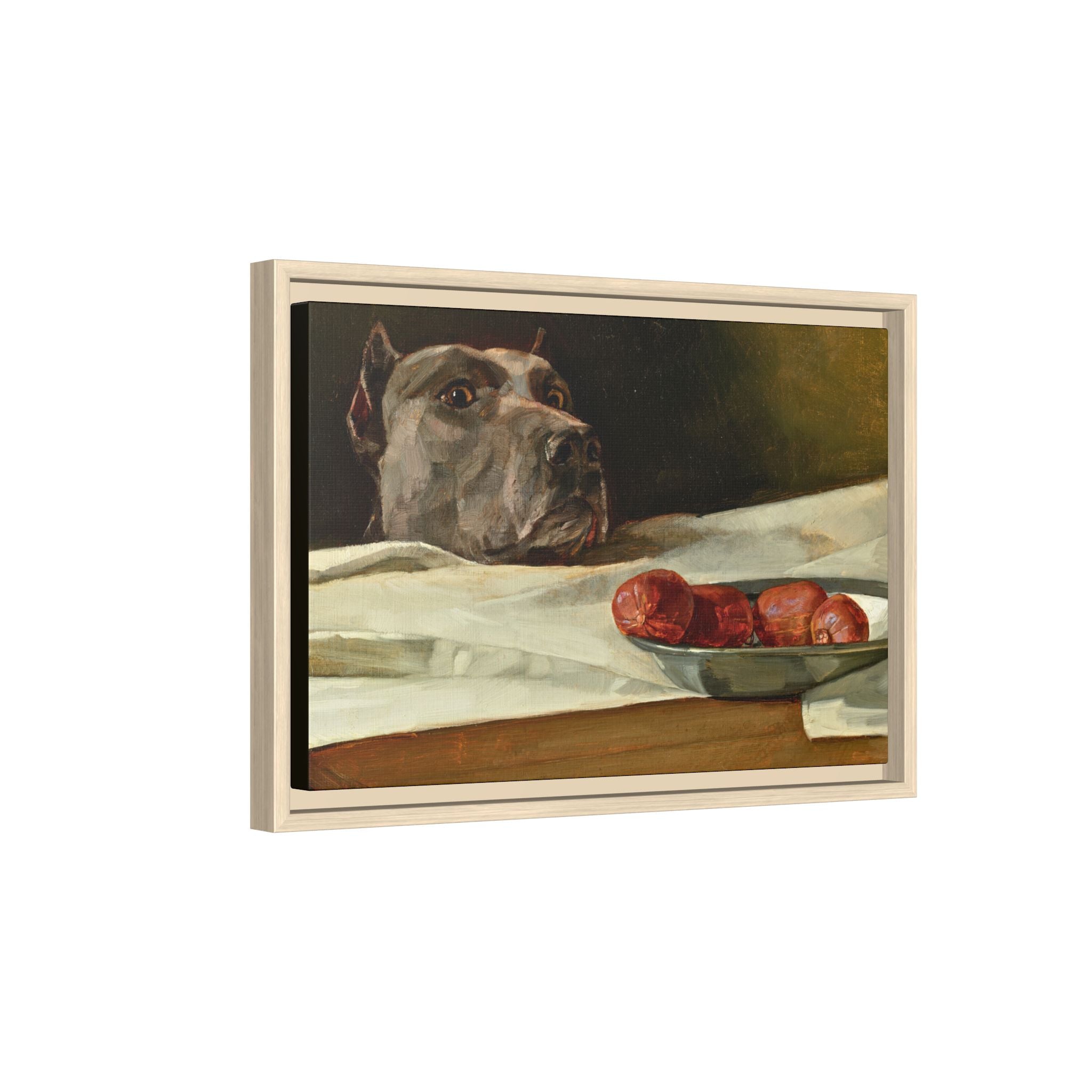 Framed Matte Canvas Print — Great Dane Dog & The Sausage Still Life Wall Art