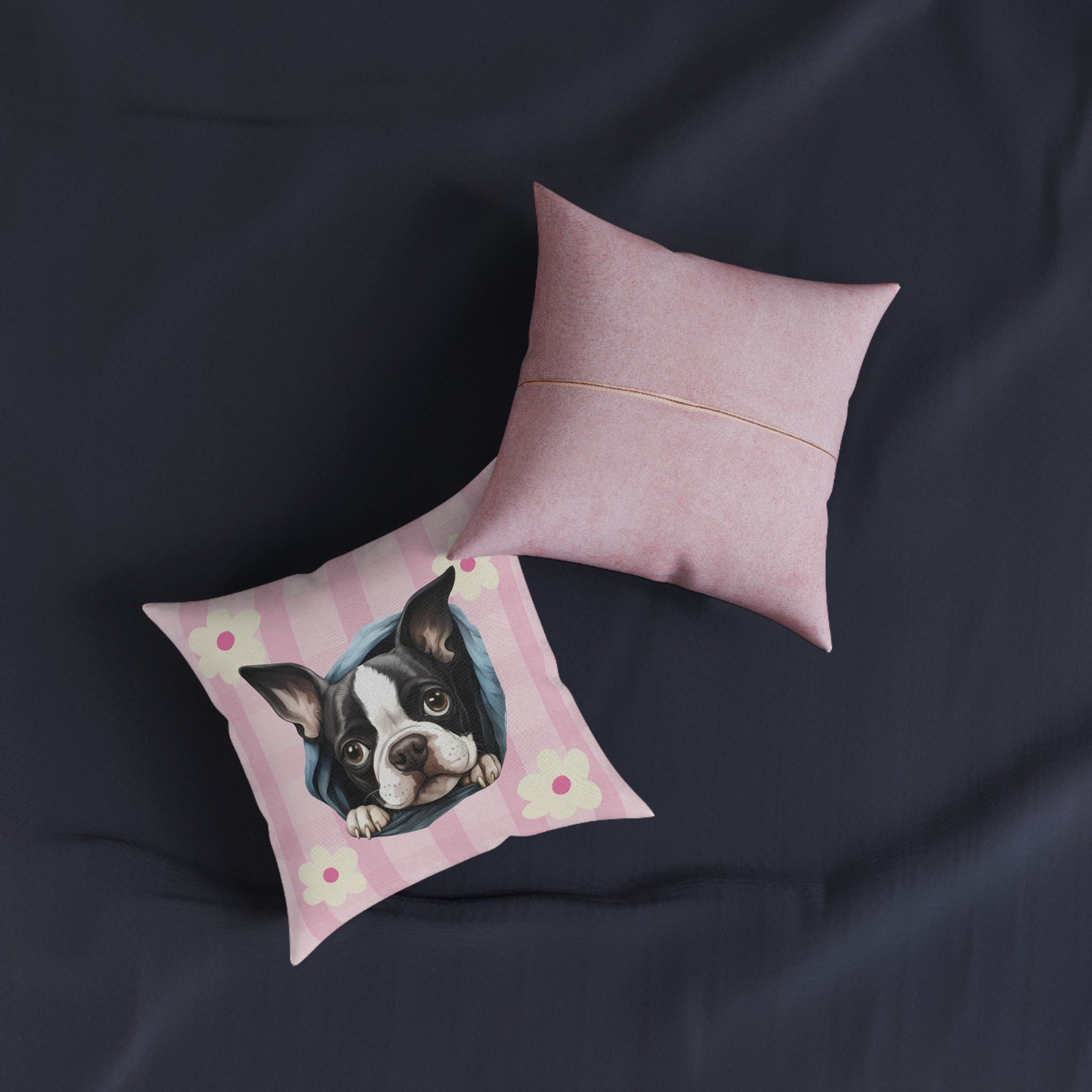 Boston Terrier Throw Pillow — Floral Pink Faux Suede | Dog Lover Home Decor