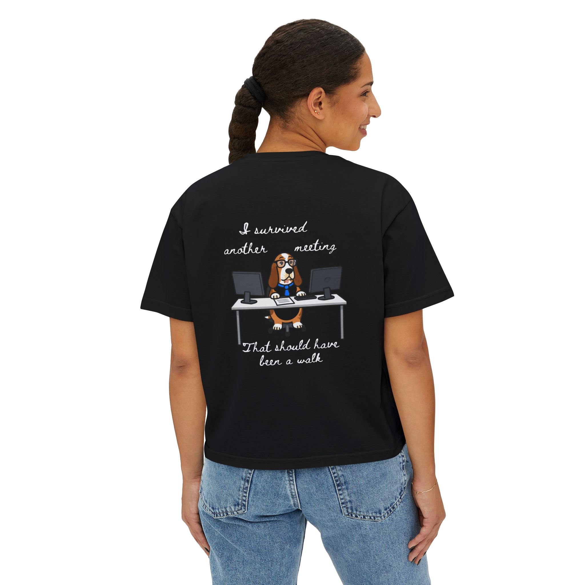 "I Survived Another Meeting That Should Have Been a Walk" | Dog Graphic Boxy Cropped Tee
