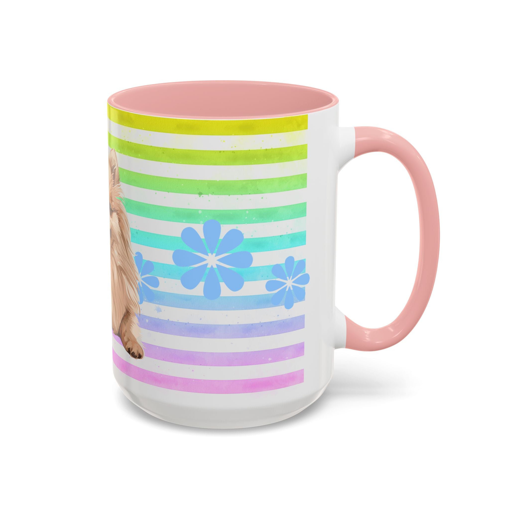 Pomeranian Dog Coffee Mug — Cute Fluffy Pup on Rainbow Stripes (Accent Mug 11/15oz)