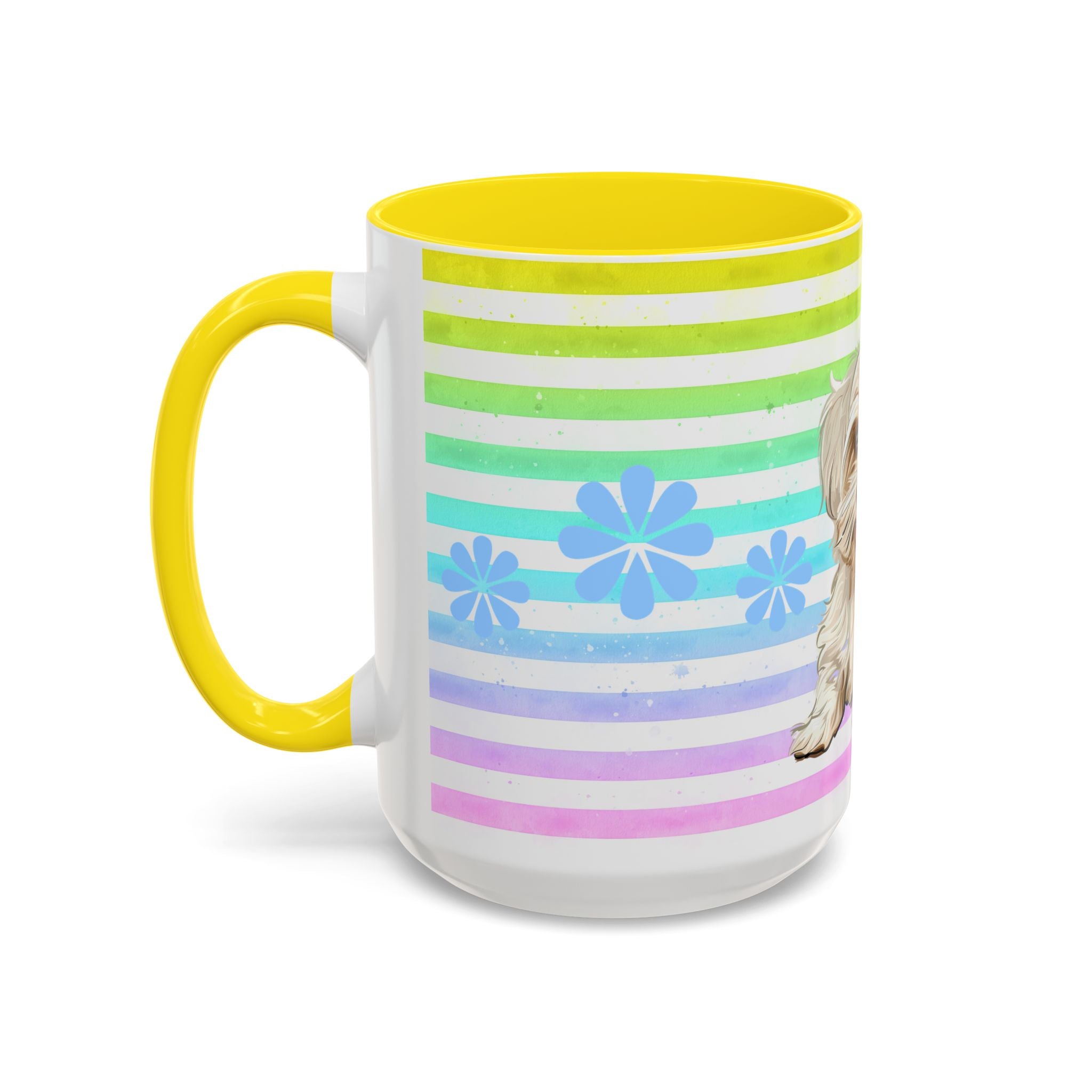 Maltese Dog Coffee Mug — Cute White Pup on Rainbow Stripes