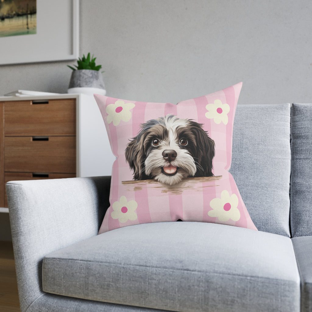 Havanese Dog Throw Pillow — Floral Pink Faux Suede | Dog Lover Home Decor