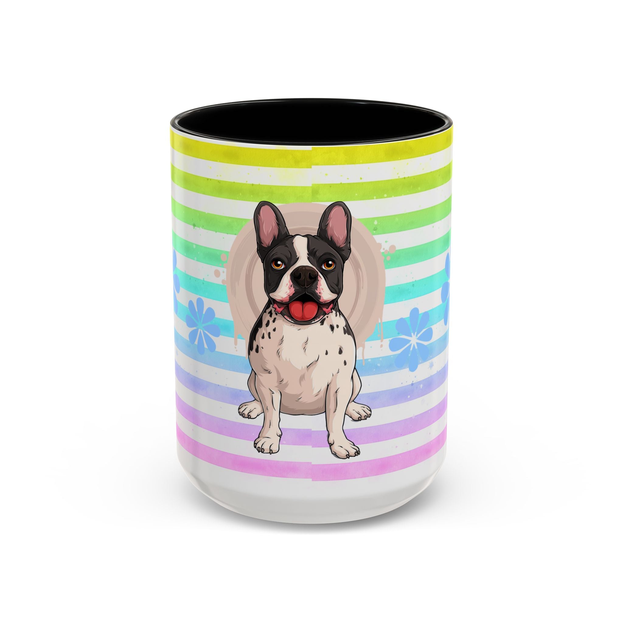 French Bulldog Coffee Mug — Cute Black & White Pup on Rainbow Stripes (Accent Mug 11/15oz)