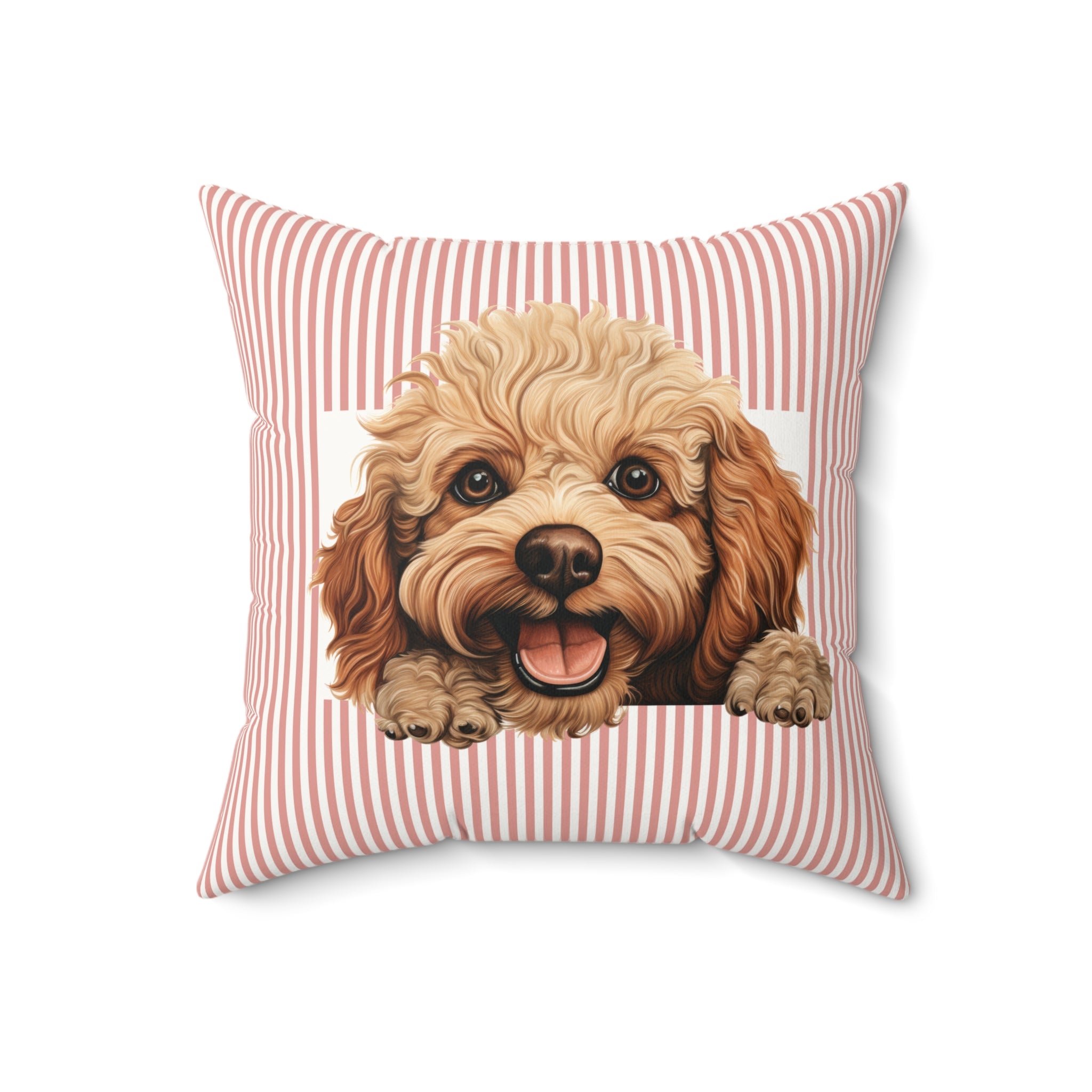 Toy Poodle Throw Pillow — Peeking Puppy Pink Striped Faux Suede | Dog Lover Gift