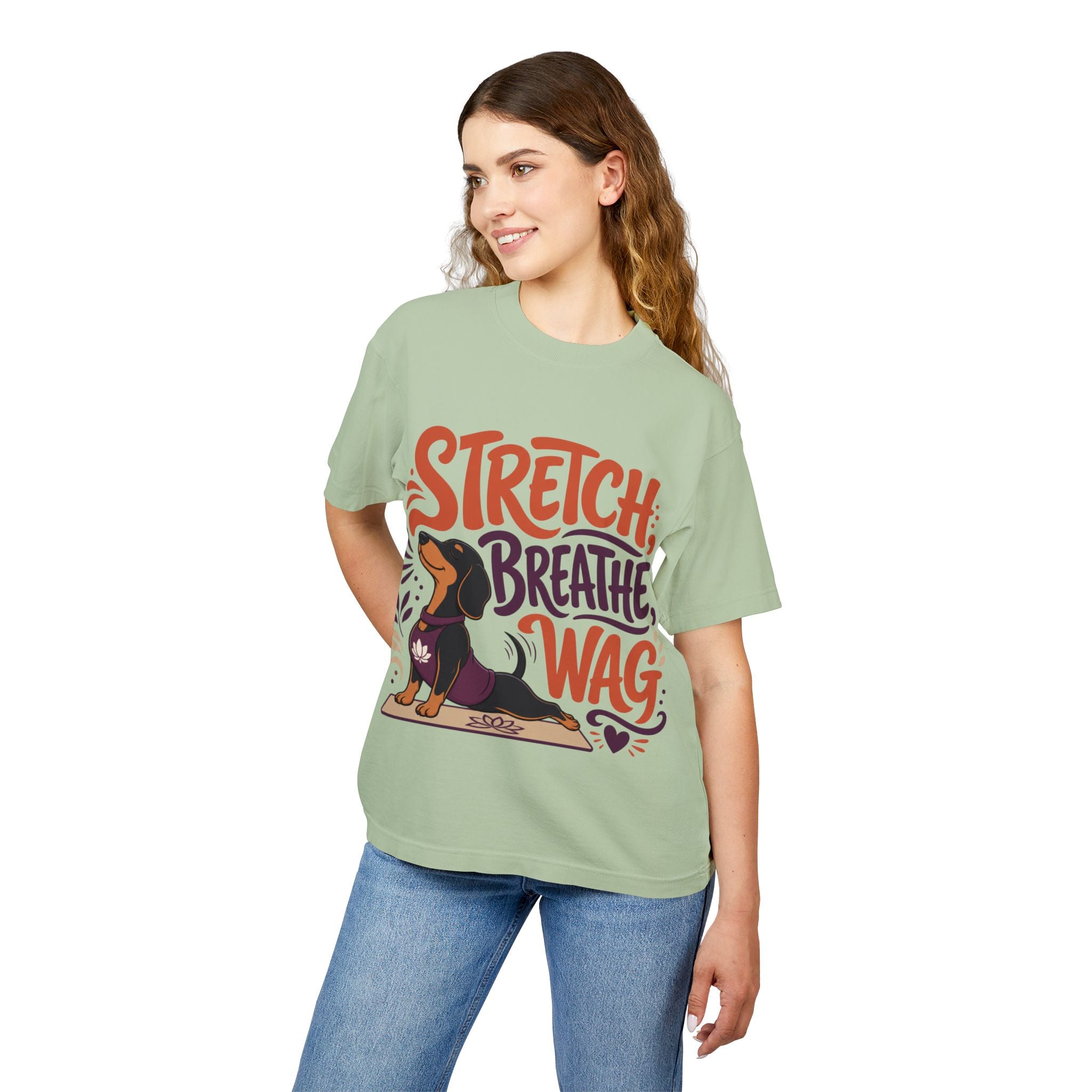 Stretch. Breathe. Wag. — Dachshund Yoga T‑Shirt for Dog Lovers