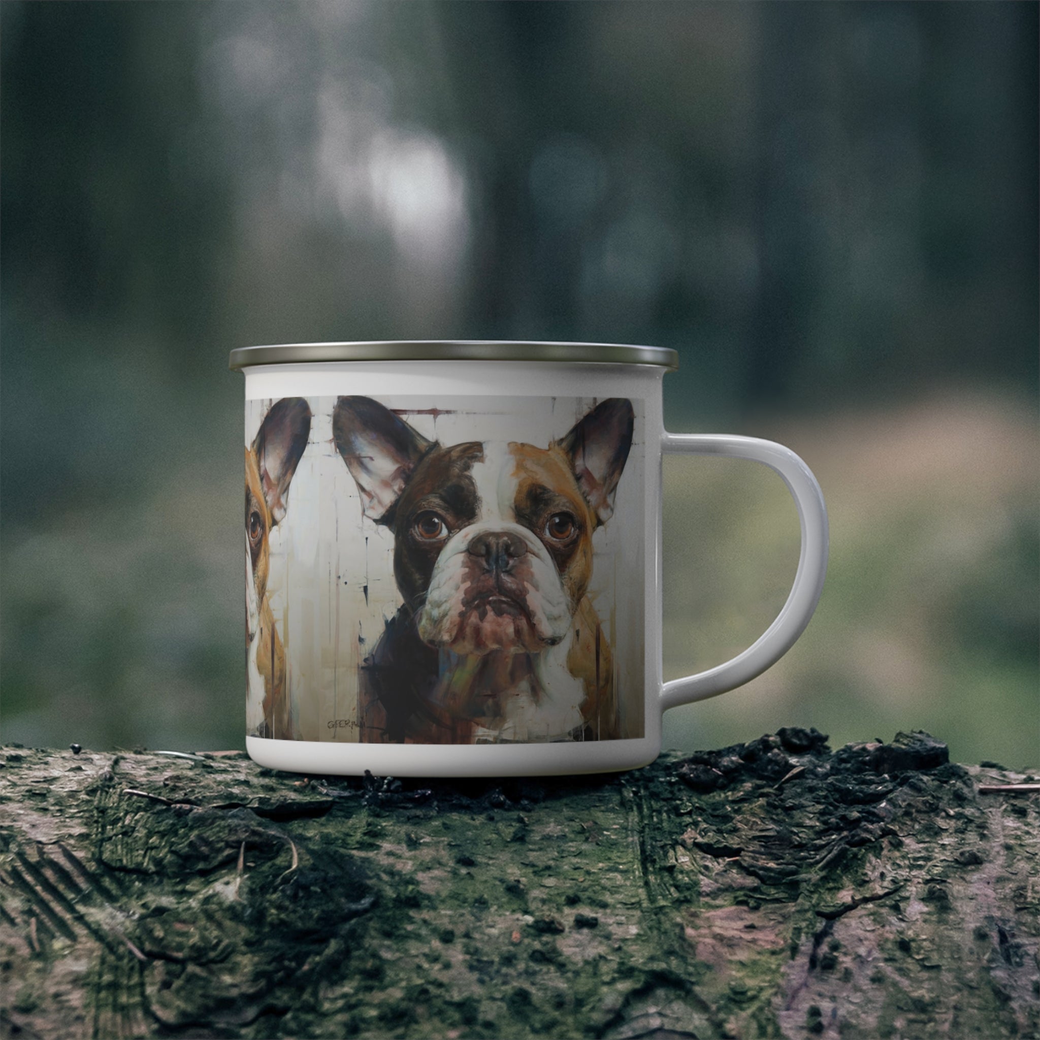 Enamel Camping Mug — Rustic French Bulldog Portrait Camper Cup