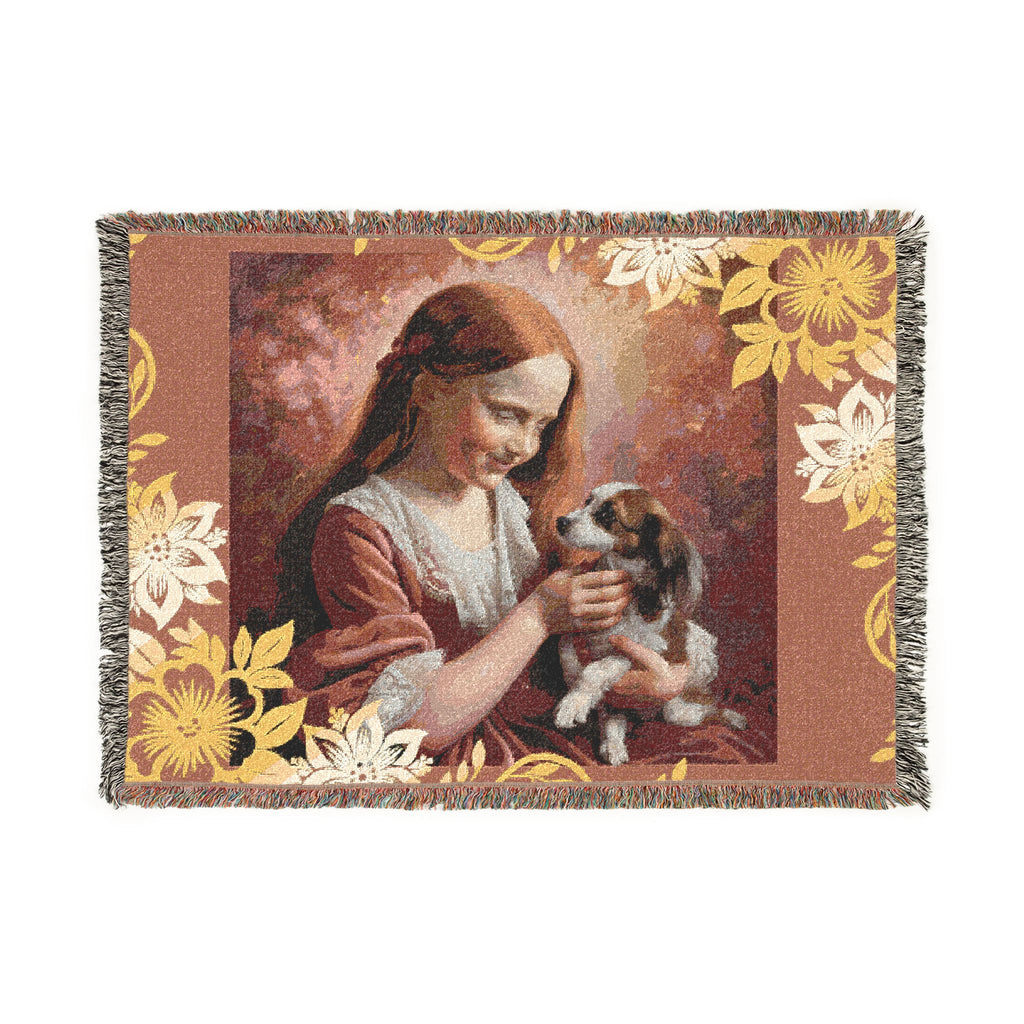 Woven Blanket — Vintage Girl & Puppy Tapestry Throw