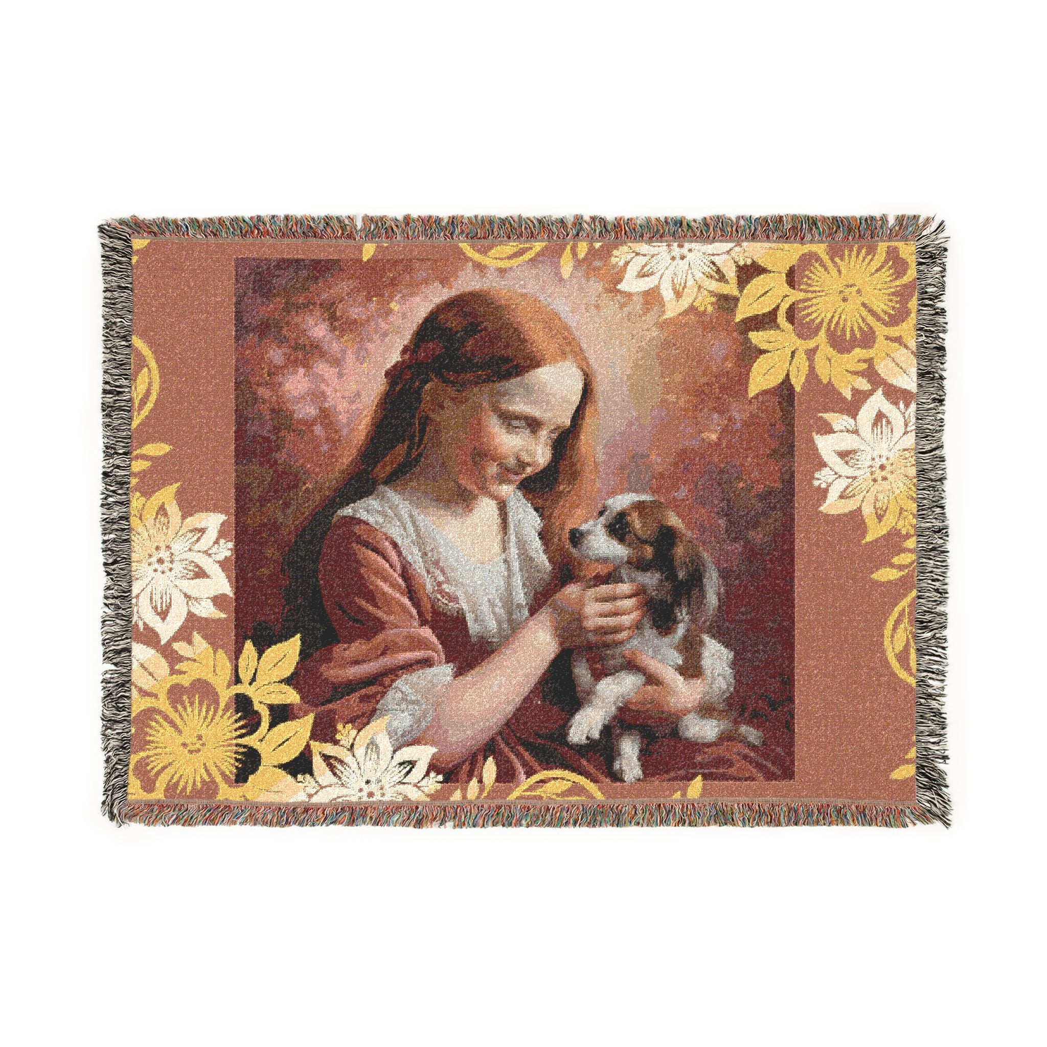 Woven Blanket — Vintage Girl & Puppy Tapestry Throw