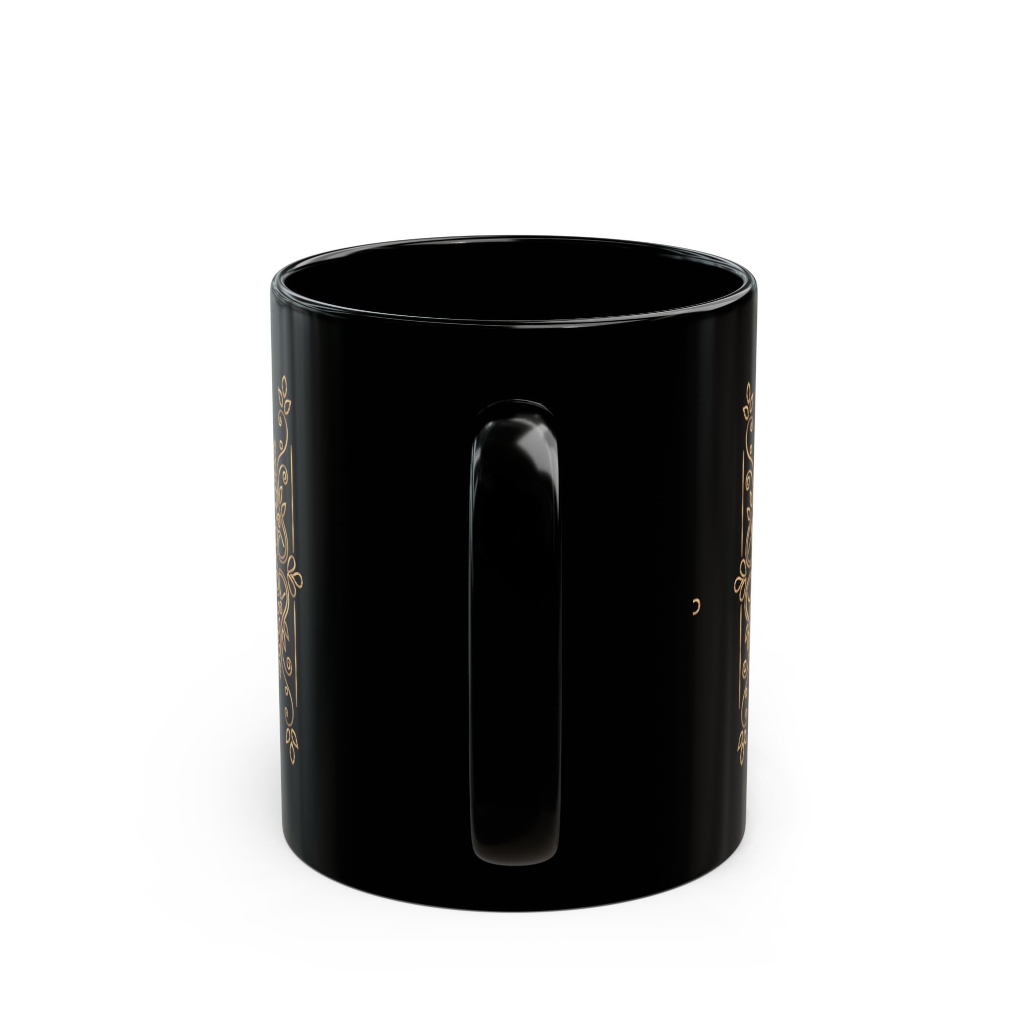 Pug Portrait Black Mug (11oz/15oz) — Regal Pug with Ornamental Accent