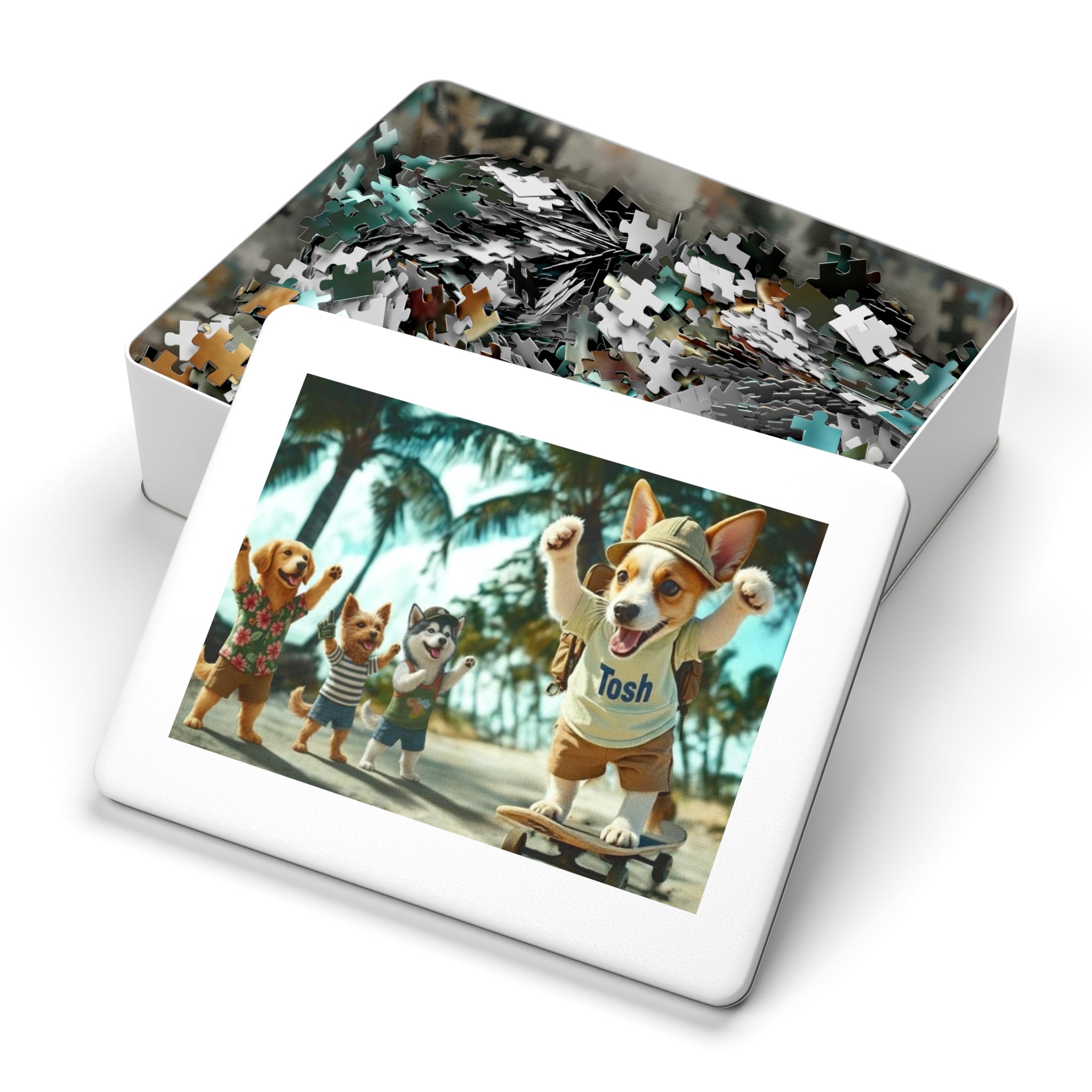Beach Dogs Jigsaw Puzzle with Tin — Jack Russell Terrier Skateboard | Dog Lover Gift