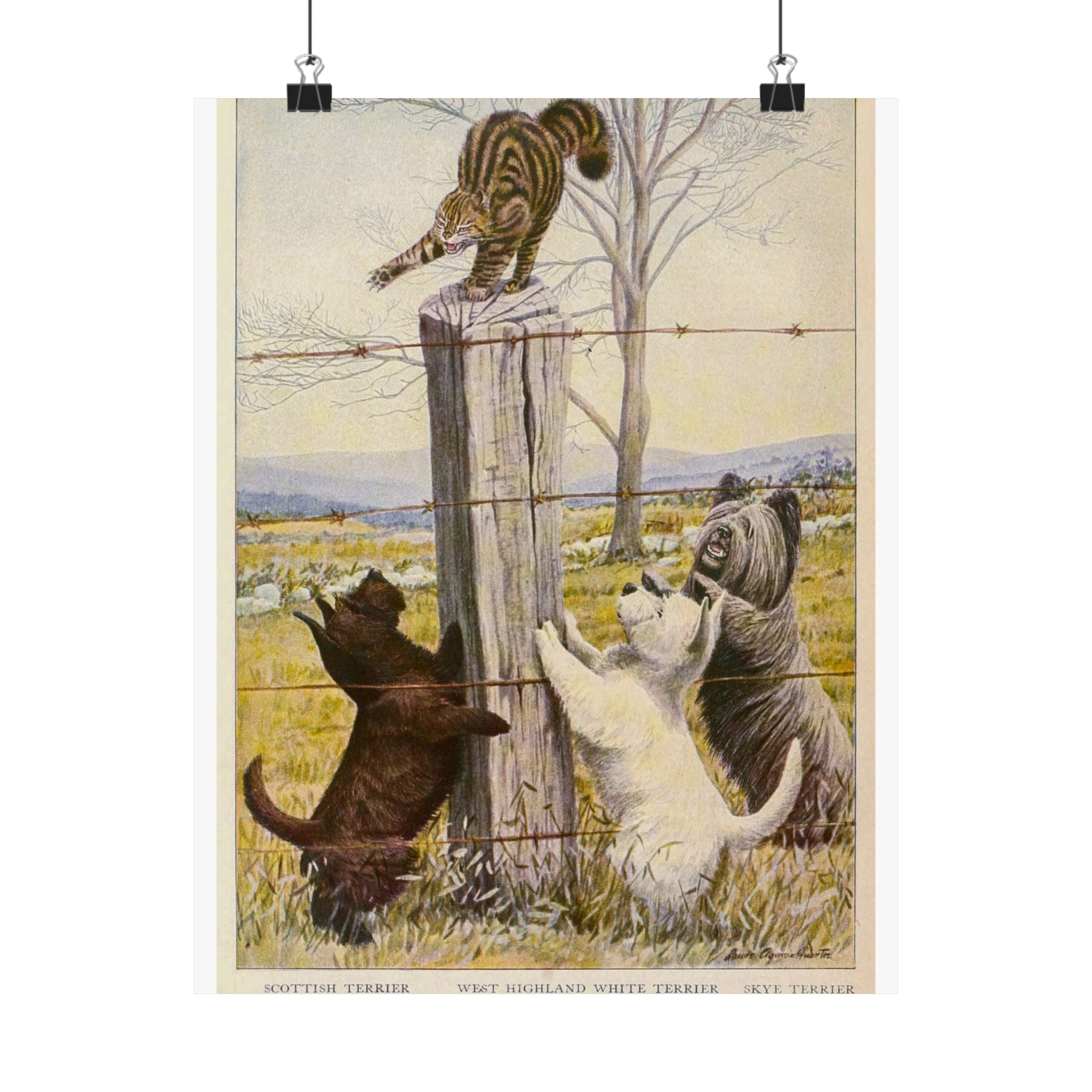 Vintage Terriers and Cat Poster — Matte Vertical Wall Art