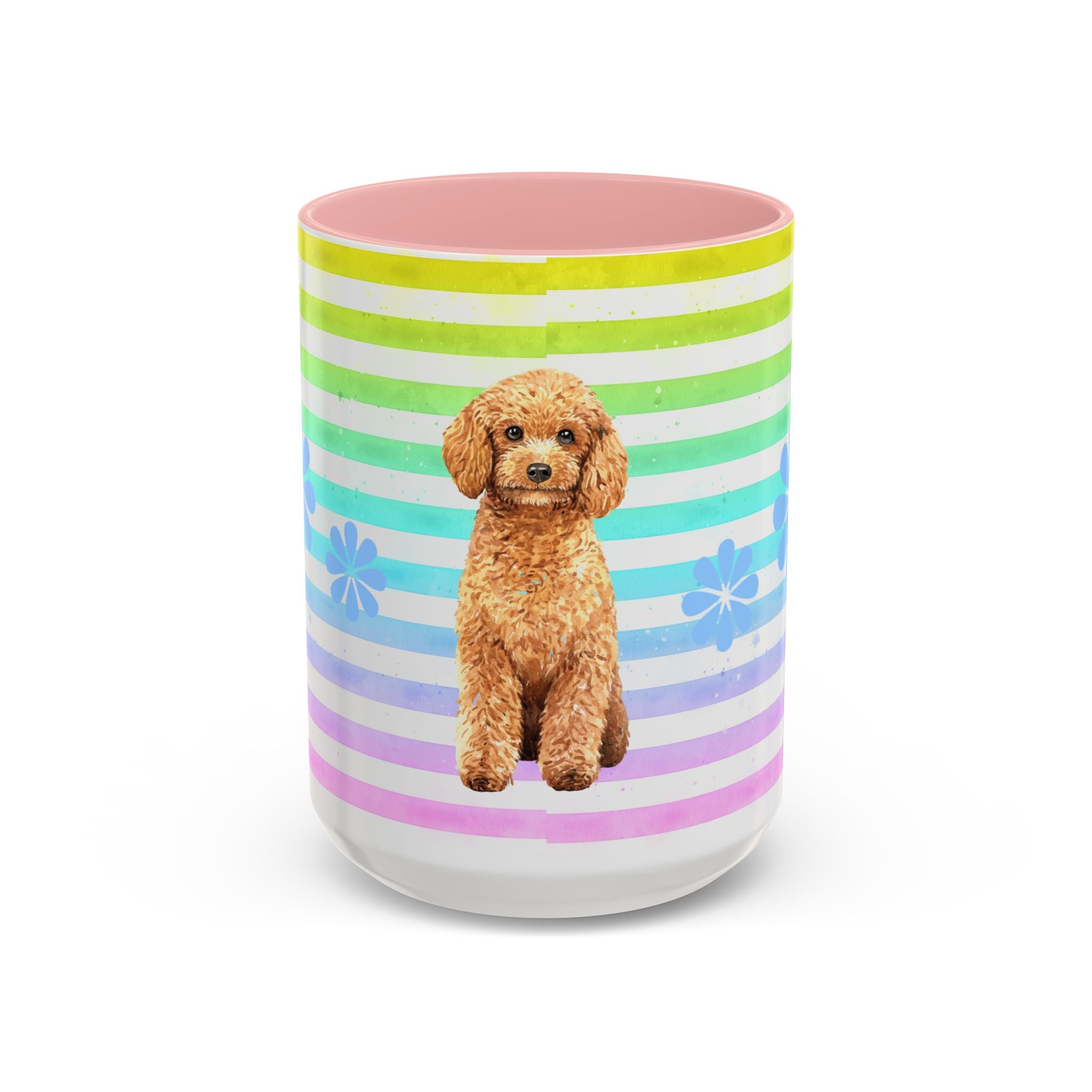 Apricot Poodle Coffee Mug — Cute Fluffy Pup on Rainbow Stripes (Accent Mug 11/15oz)