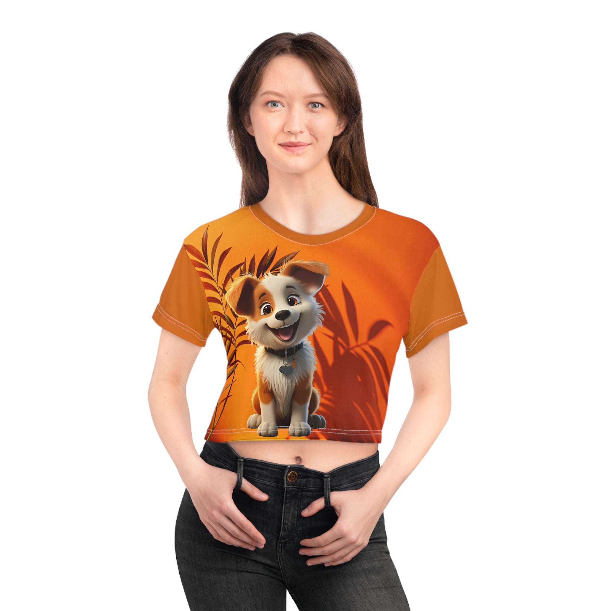 Cute Puppy Crop Tee — Sunny Orange All-Over Print
