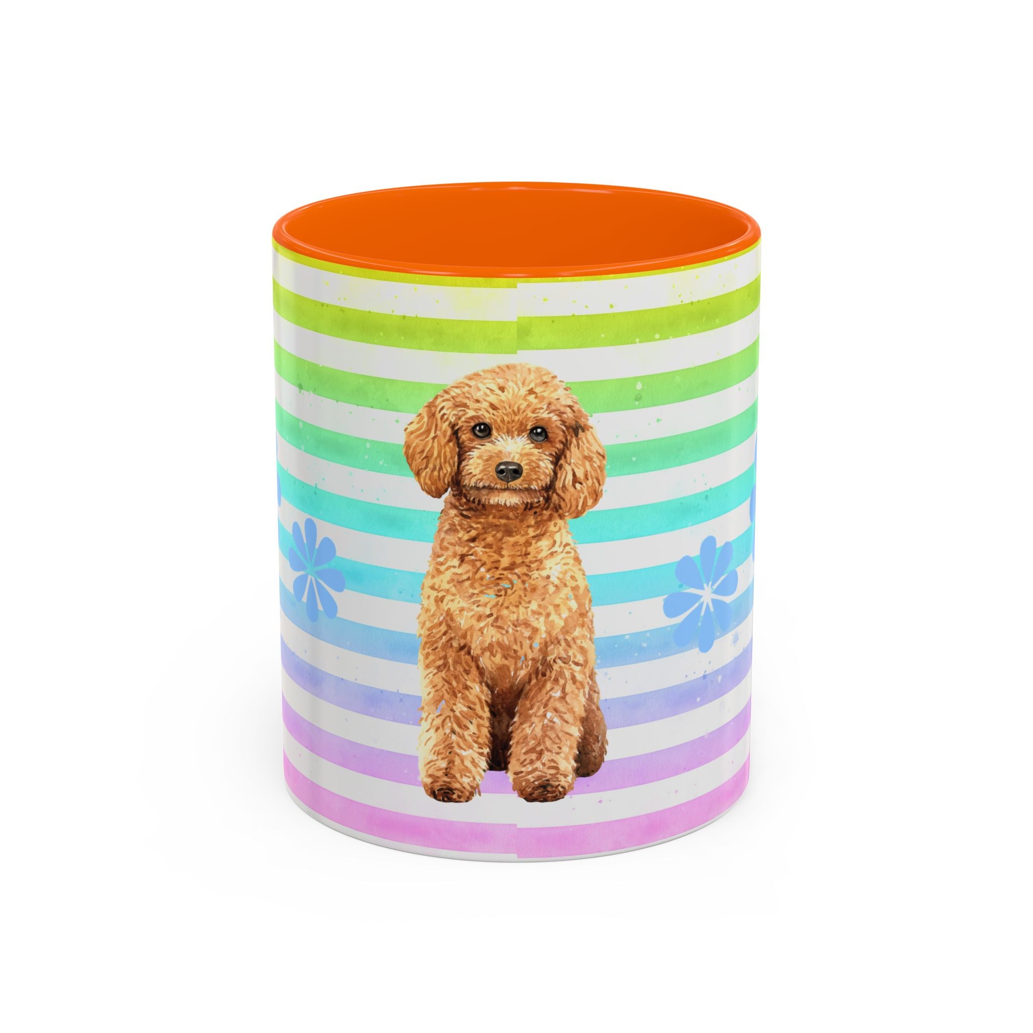 Apricot Poodle Coffee Mug — Cute Fluffy Pup on Rainbow Stripes (Accent Mug 11/15oz)