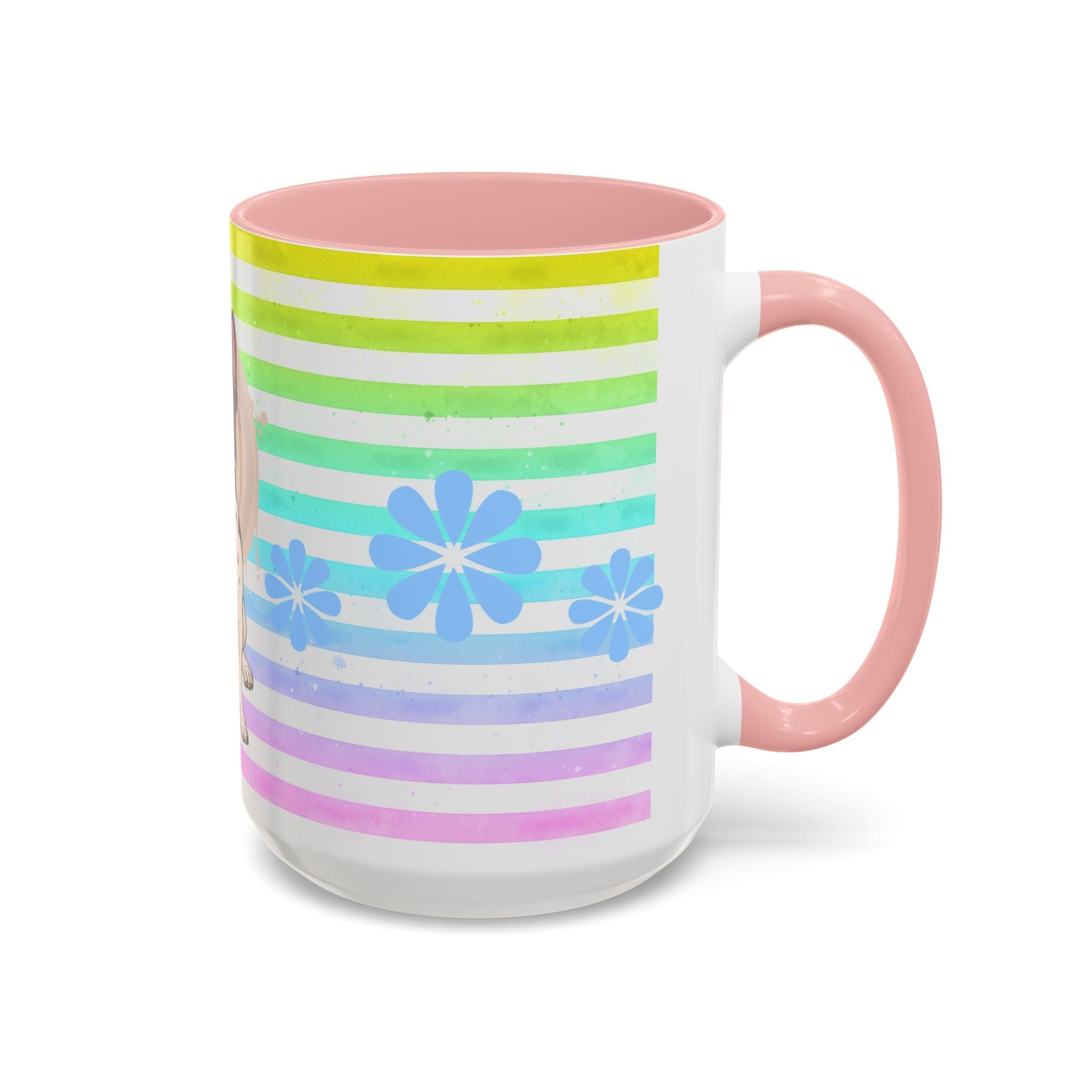 French Bulldog Coffee Mug — Cute Black & White Pup on Rainbow Stripes (Accent Mug 11/15oz)