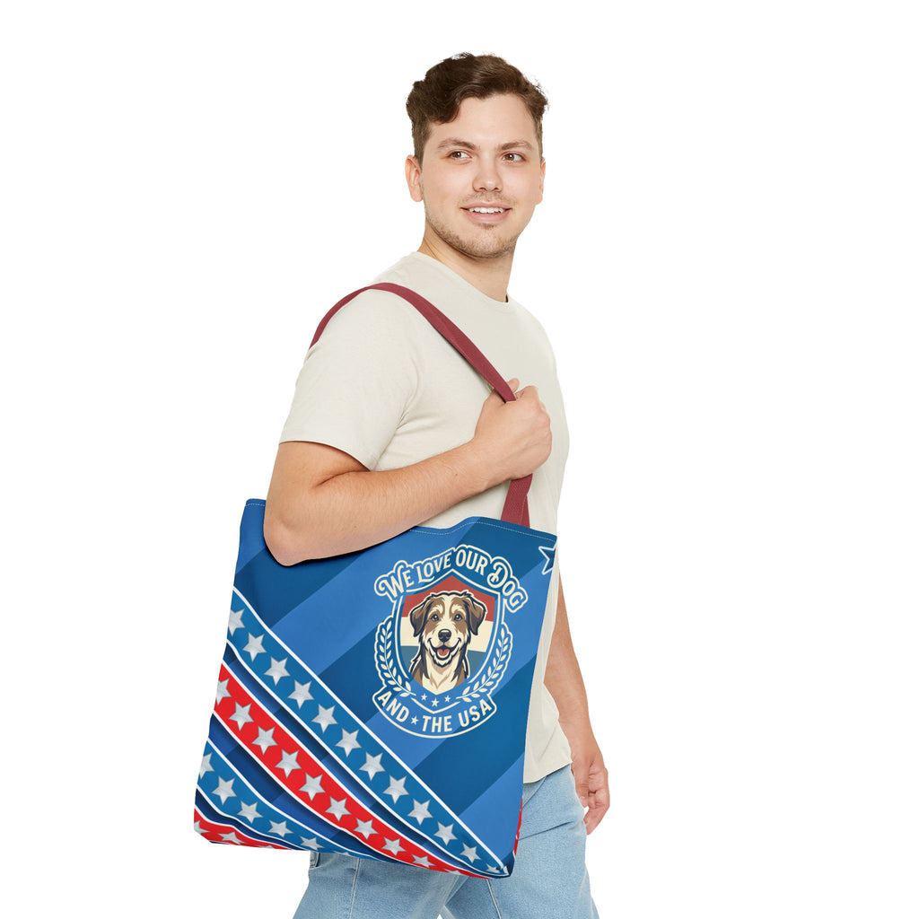 Patriotic Dog Tote Bag — "We Love Our Dog and the USA" AOP Tote