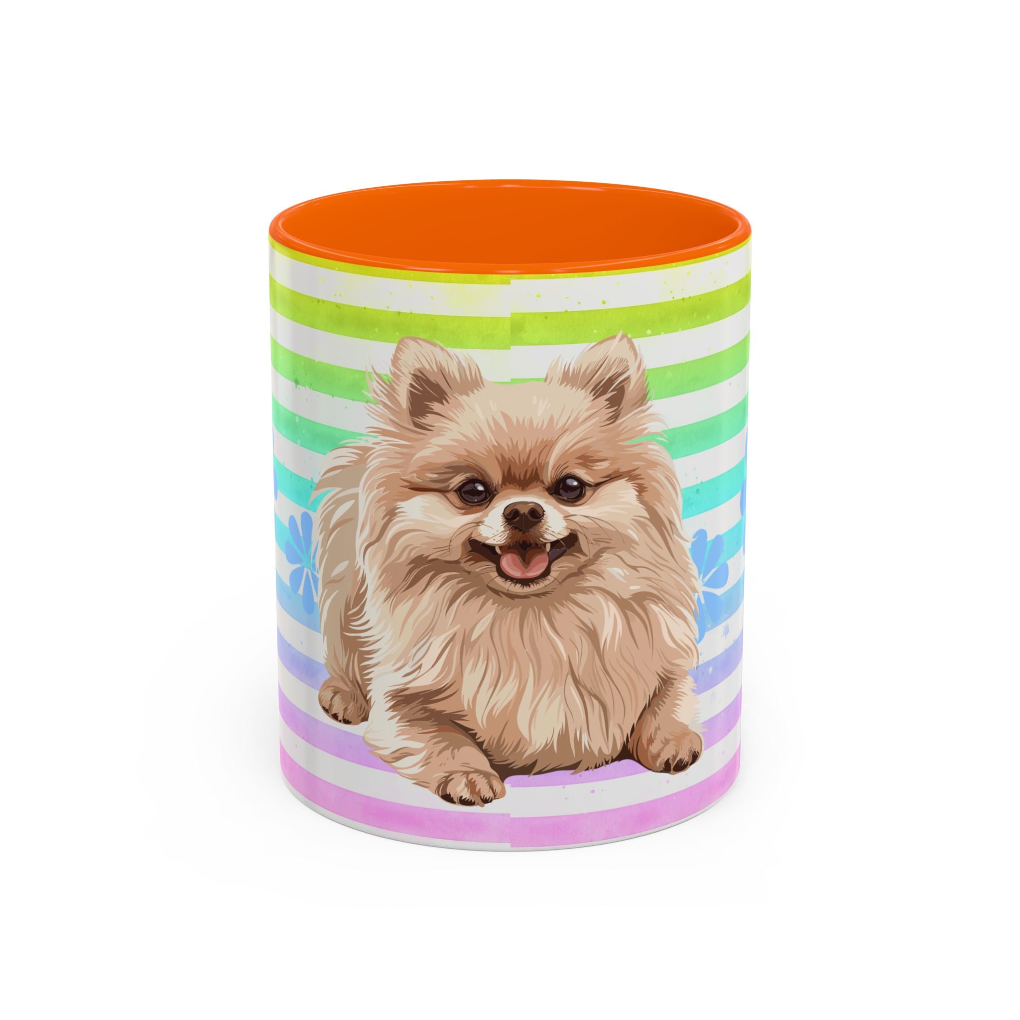 Pomeranian Dog Coffee Mug — Cute Fluffy Pup on Rainbow Stripes (Accent Mug 11/15oz)