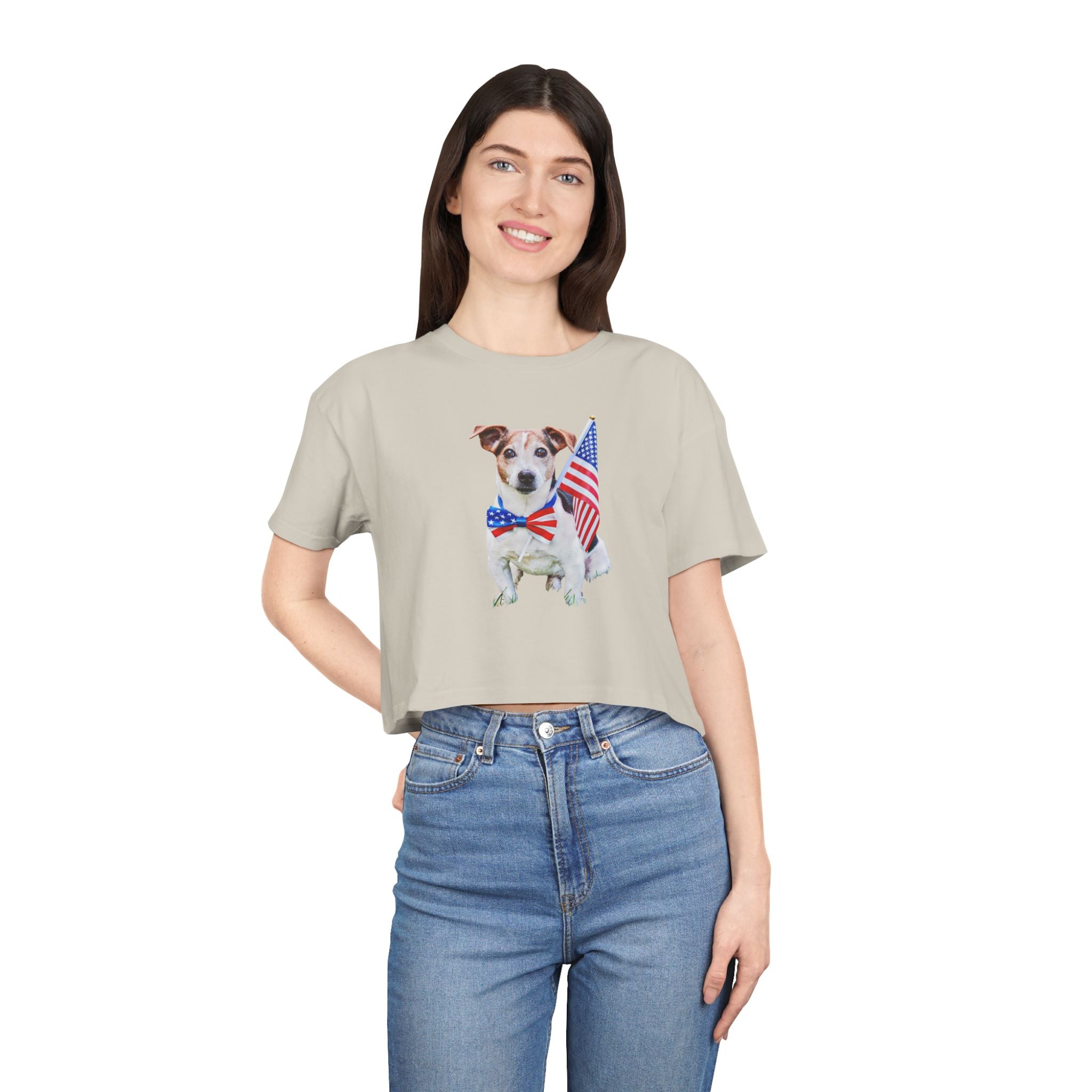 Patriotic Dog Crop Tee — Jack Russell with American Flag