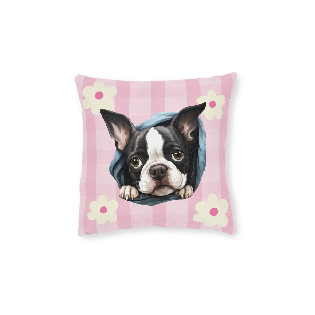 Boston Terrier Throw Pillow — Floral Pink Faux Suede | Dog Lover Home Decor