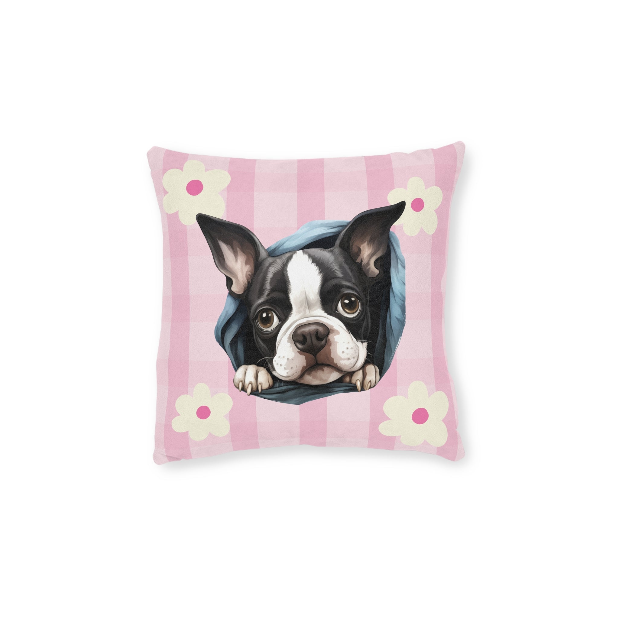 Boston Terrier Throw Pillow — Floral Pink Faux Suede | Dog Lover Home Decor