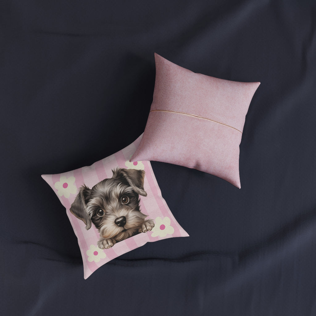 Schnauzer Throw Pillow — Pink Floral Faux Suede | Dog Lover Home Decor