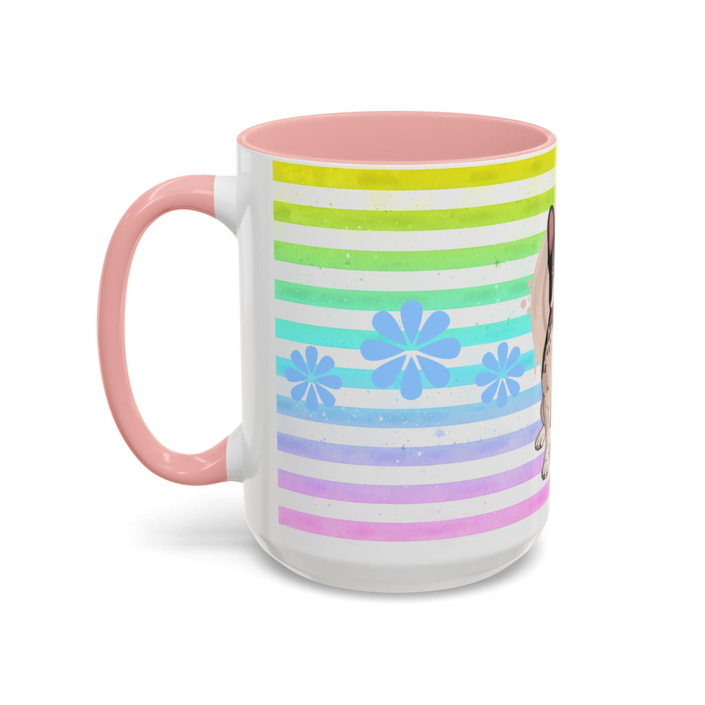 French Bulldog Coffee Mug — Cute Black & White Pup on Rainbow Stripes (Accent Mug 11/15oz)