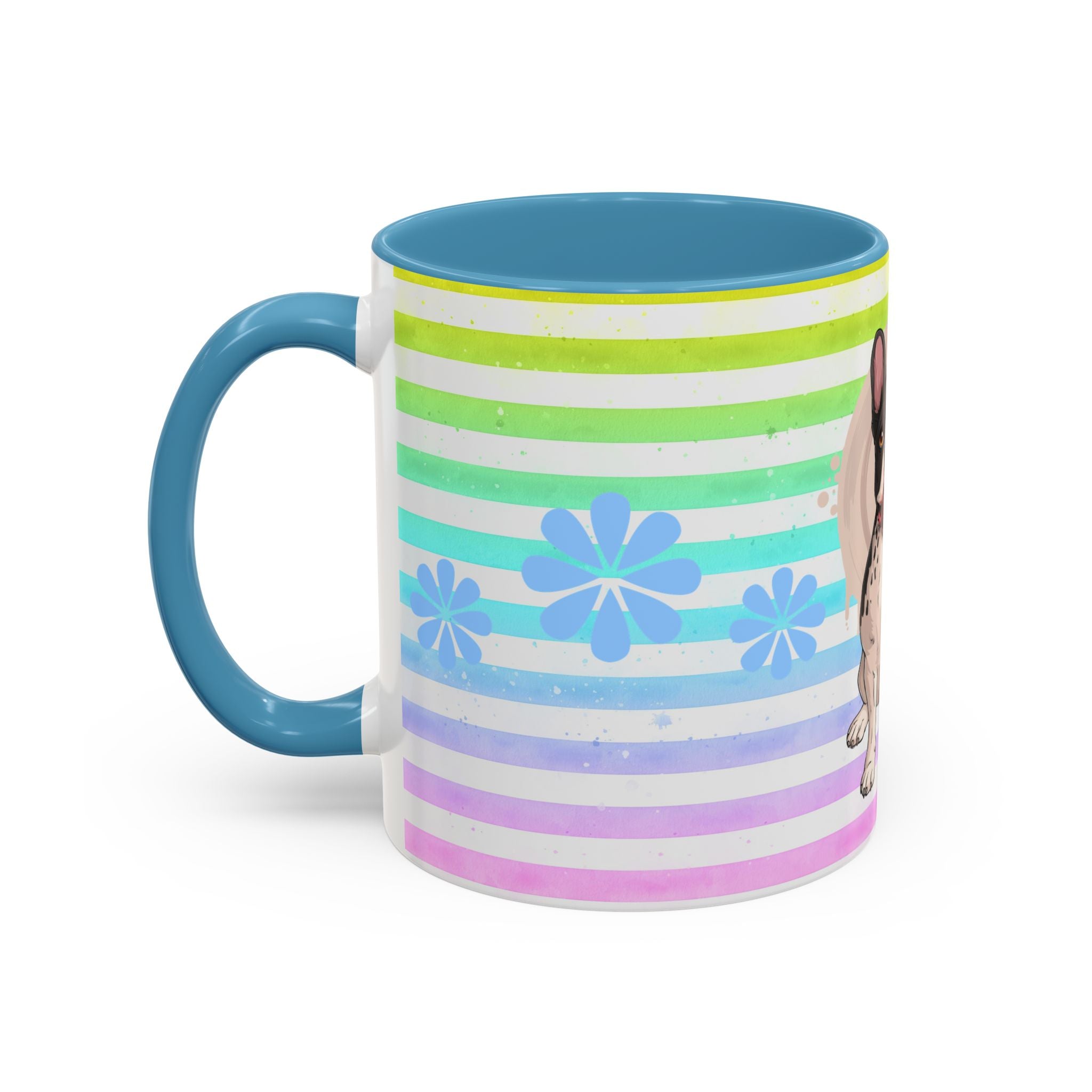 French Bulldog Coffee Mug — Cute Black & White Pup on Rainbow Stripes (Accent Mug 11/15oz)