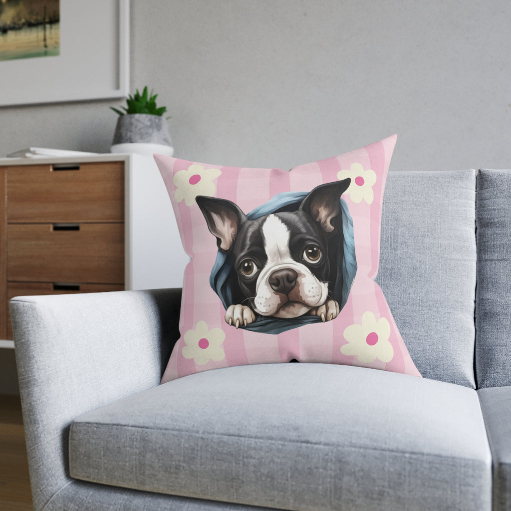 Boston Terrier Throw Pillow — Floral Pink Faux Suede | Dog Lover Home Decor